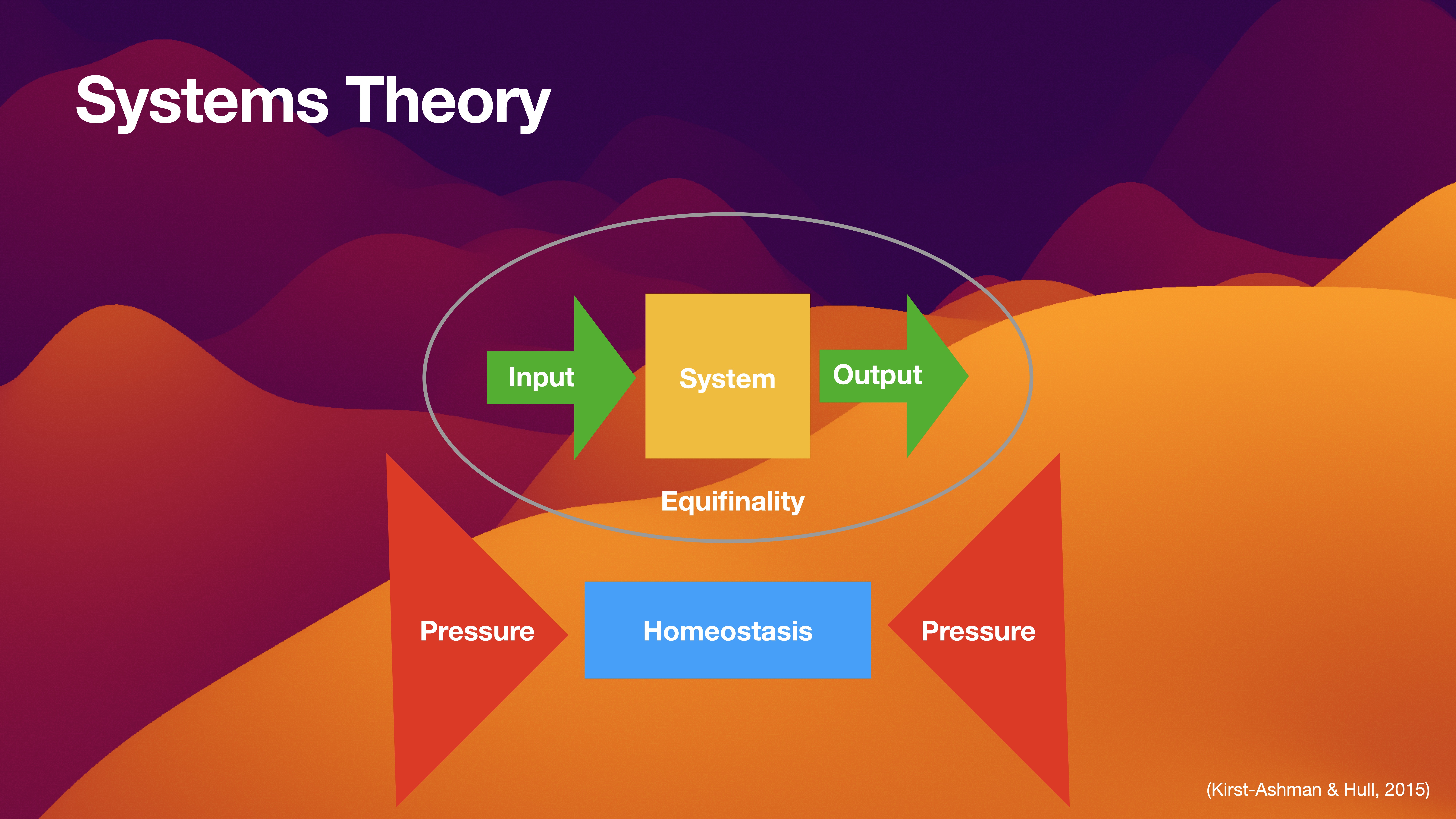 A diagram illustrates 'Systems Theory' with labeled arrows for input and output, equifinality in the center, and pressure pointing towards a central homeostasis box. Background features abstract hills.