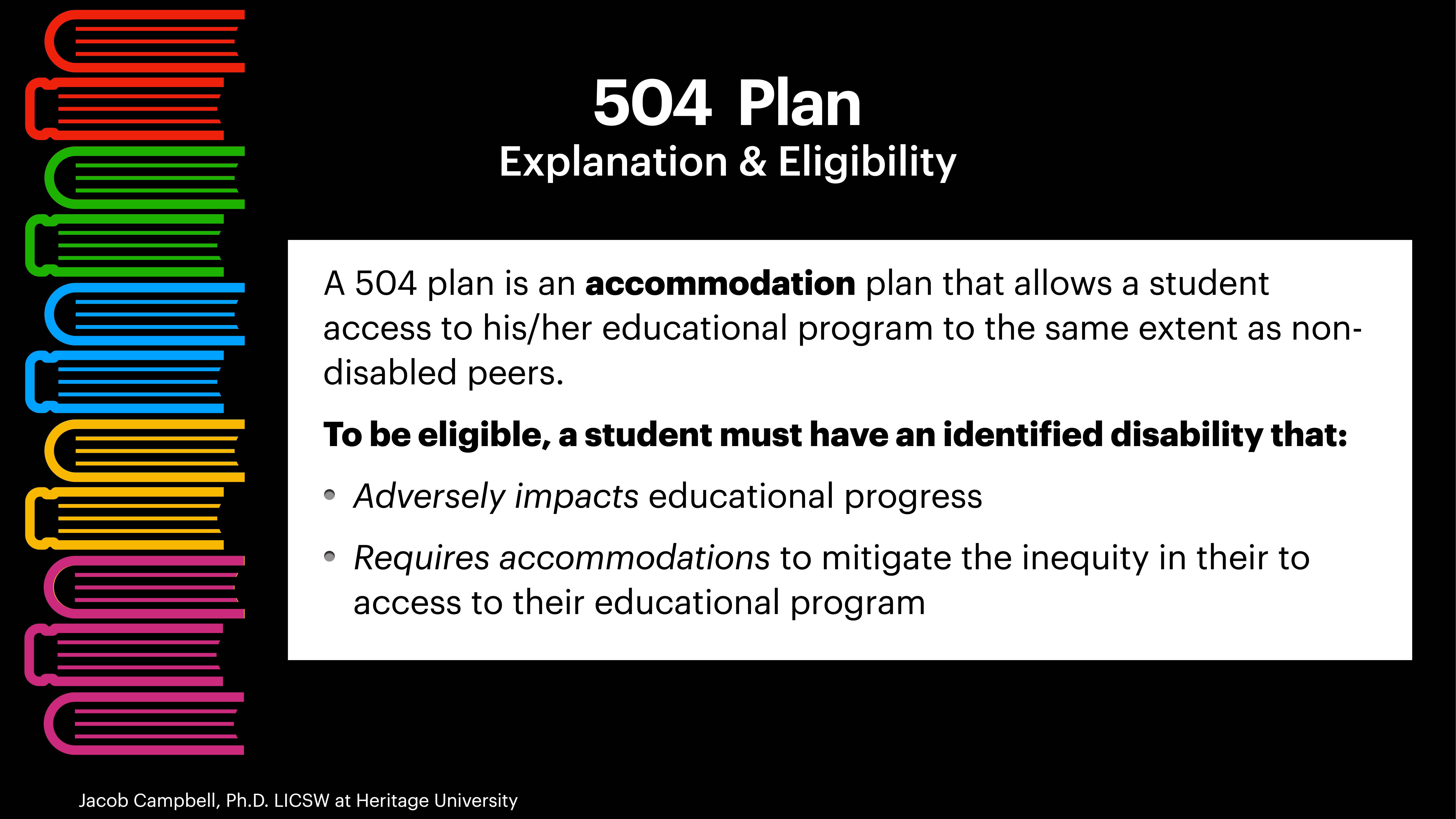 Slide titled '504 Plan Explanation & Eligibility' describes that a 504 plan is an accommodation plan for students with disabilities, ensuring they have equal educational access. Eligibility requires a disability that adversely impacts progress and requires accommodations. The slide includes a stack of colorful book icons on the left.