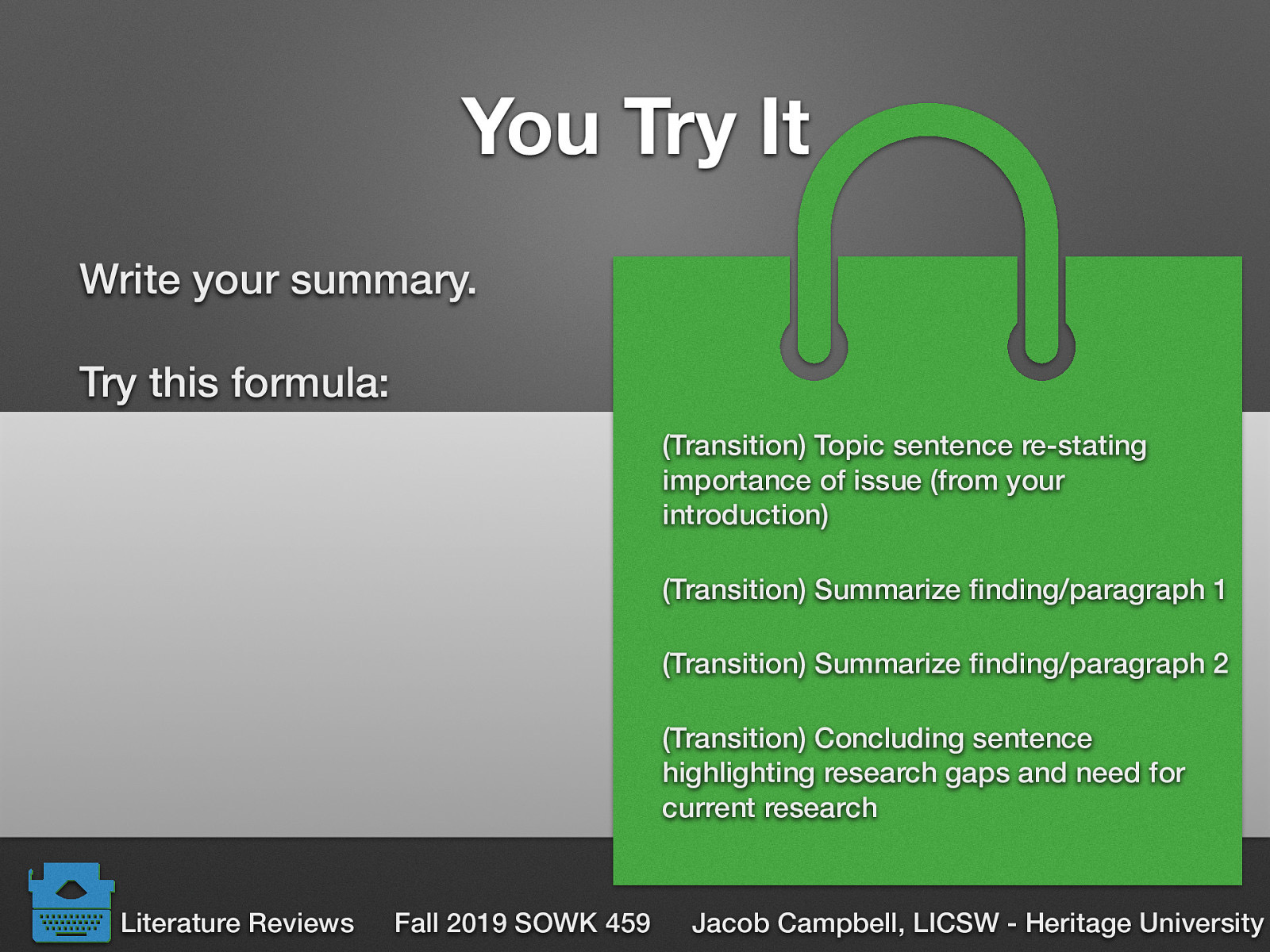 Write your summary. Try this formula: (Transition) Topic sentence re-stating importance of issue (from your introduction) (Transition) Summarize finding/paragraph 1 (Transition) Summarize finding/paragraph 2 (Transition) Concluding sentence highlighting research gaps and need for current research
