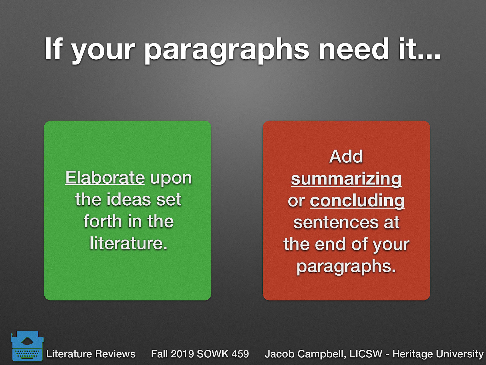 Elaborate upon the ideas set forth in the literature. Add summarizing or concluding sentences at the end of your paragraphs.
