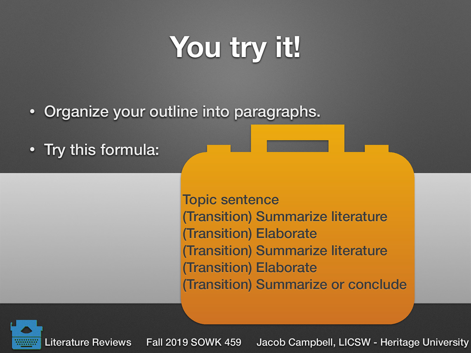 Organize your outline into paragraphs. Try this formula: Topic sentence (Transition) Summarize literature (Transition) Elaborate (Transition) Summarize literature (Transition) Elaborate (Transition) Summarize or conclude
