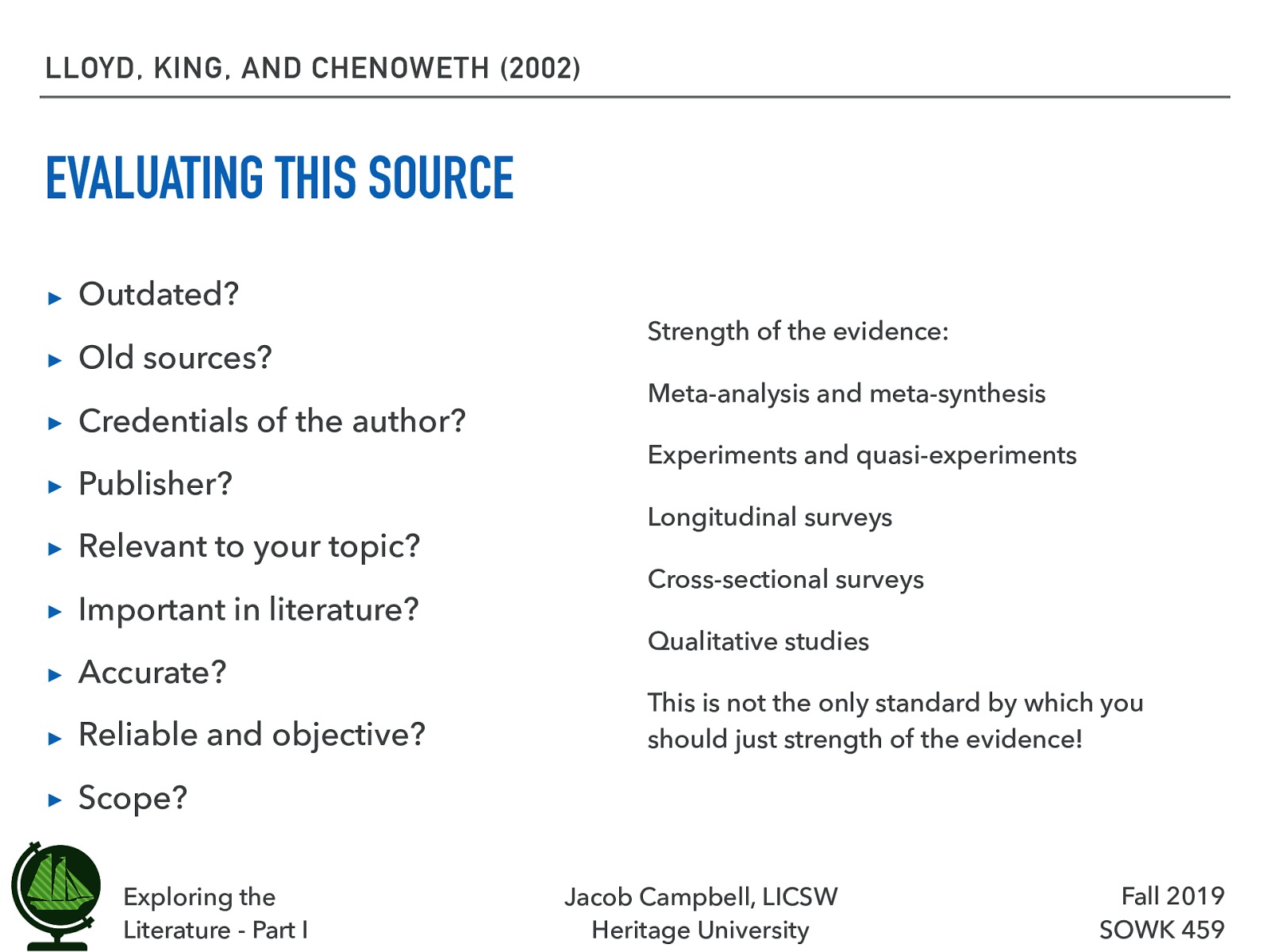 Evaluating this source  Outdated? Old sources? Credentials of the author? Publisher? Relevant to your topic? Important in literature? Accurate? Reliable and objective? Scope?  Strength of the evidence:  Meta-analysis and meta-synthesis Experiments and quasi-experiments Longitudinal surveys Cross-sectional surveys Qualitative studies This is not the only standard by which you should just strength of the evidence! 
