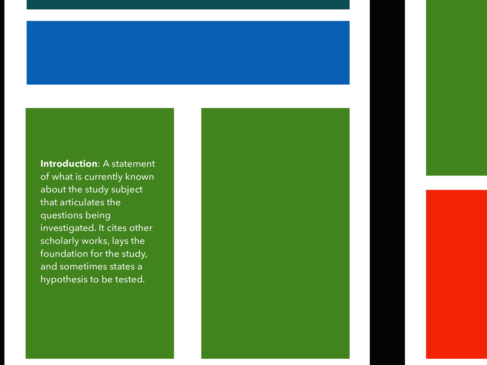  Introduction: A statement of what is currently known about the study subject that articulates the questions being investigated. It cites other scholarly works, lays the foundation for the study, and sometimes states a hypothesis to be tested.   Often this includes the literature review completed by the author. Sometimes there are multiple section in this section. 
