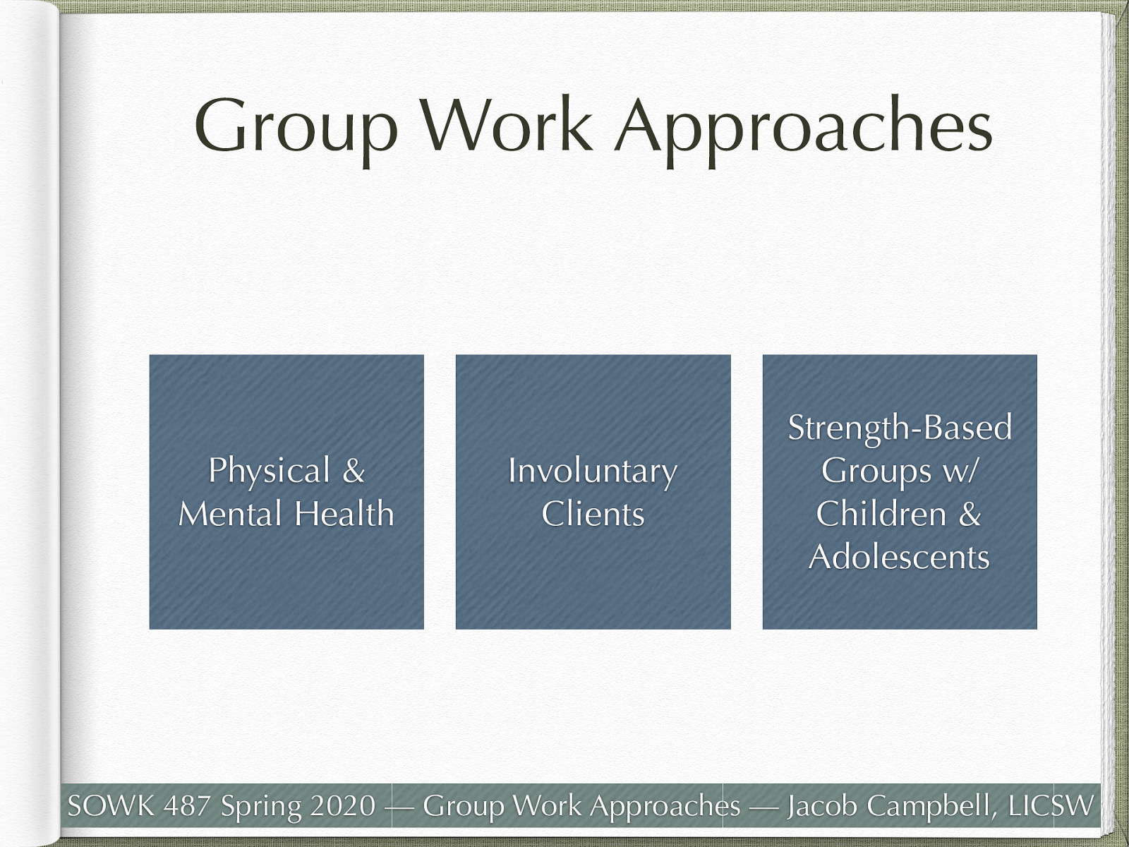  The reading discussed three different settings that group work can be done in. These are:   Groups in physical and mental health Involuntary groups Strengths-based group work with adolescents   Today I want to spend time discussing some points out of each of them along with our activity. 
