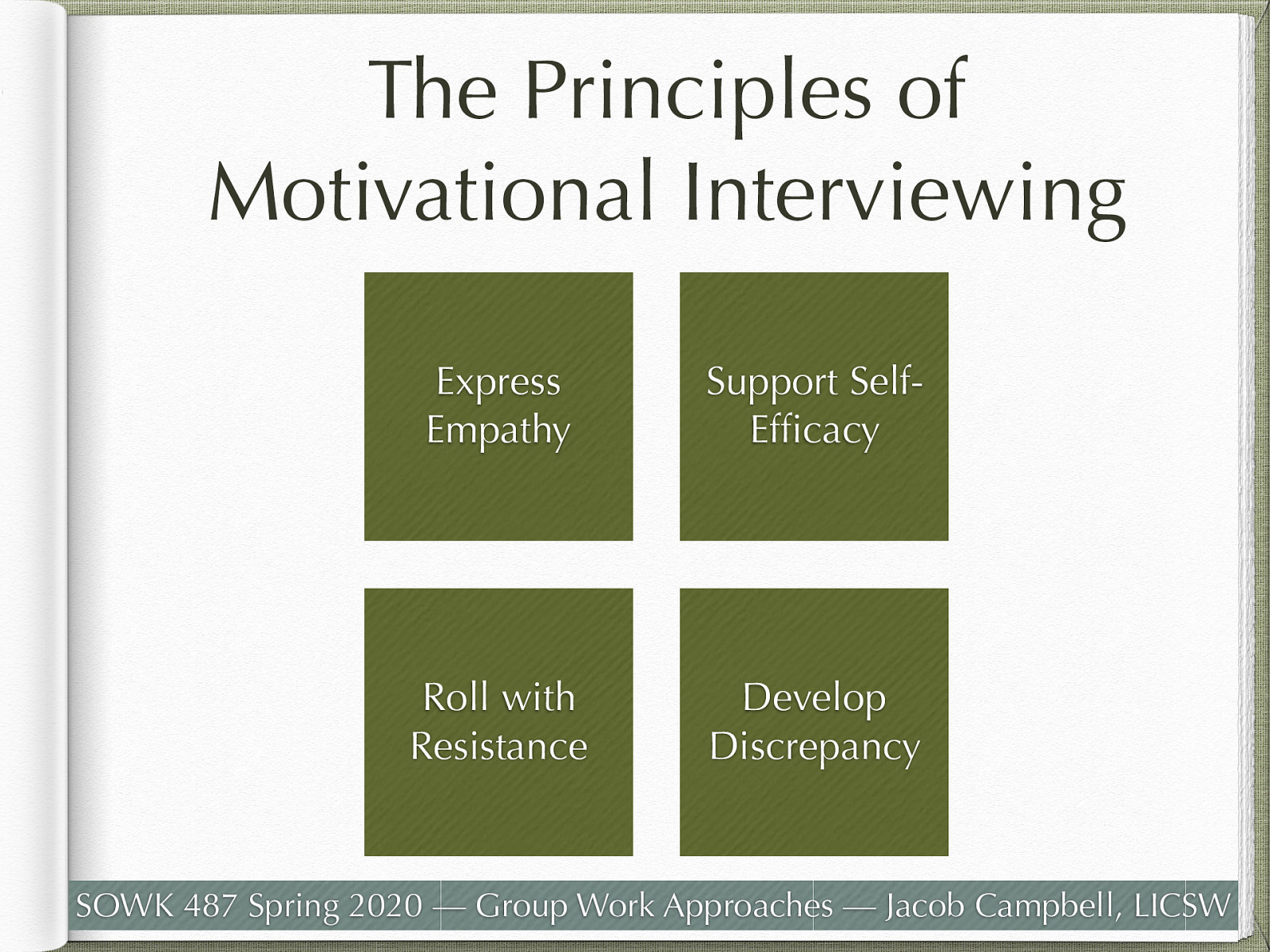  The book discusses how to deal with discrepancy. Developing discrepancy is one of the four guiding principles in Motivational Interviewing. Building on and bringing to life the elements of the MI “style,” there are four distinct principles that guide the practice of MI. The therapist employing MI will hold true to these principles throughout treatment.   Express Empathy (i.e. seeing, thinking, feeling, and sharing through the clients eyes) Support Self-Efficacy (i.e. A strengths based approach) Roll with Resistance (i.e. Dancing with the client vs. wrestling) Develop Discrepancy (i.e. Where I am vs. where I want to be) 
