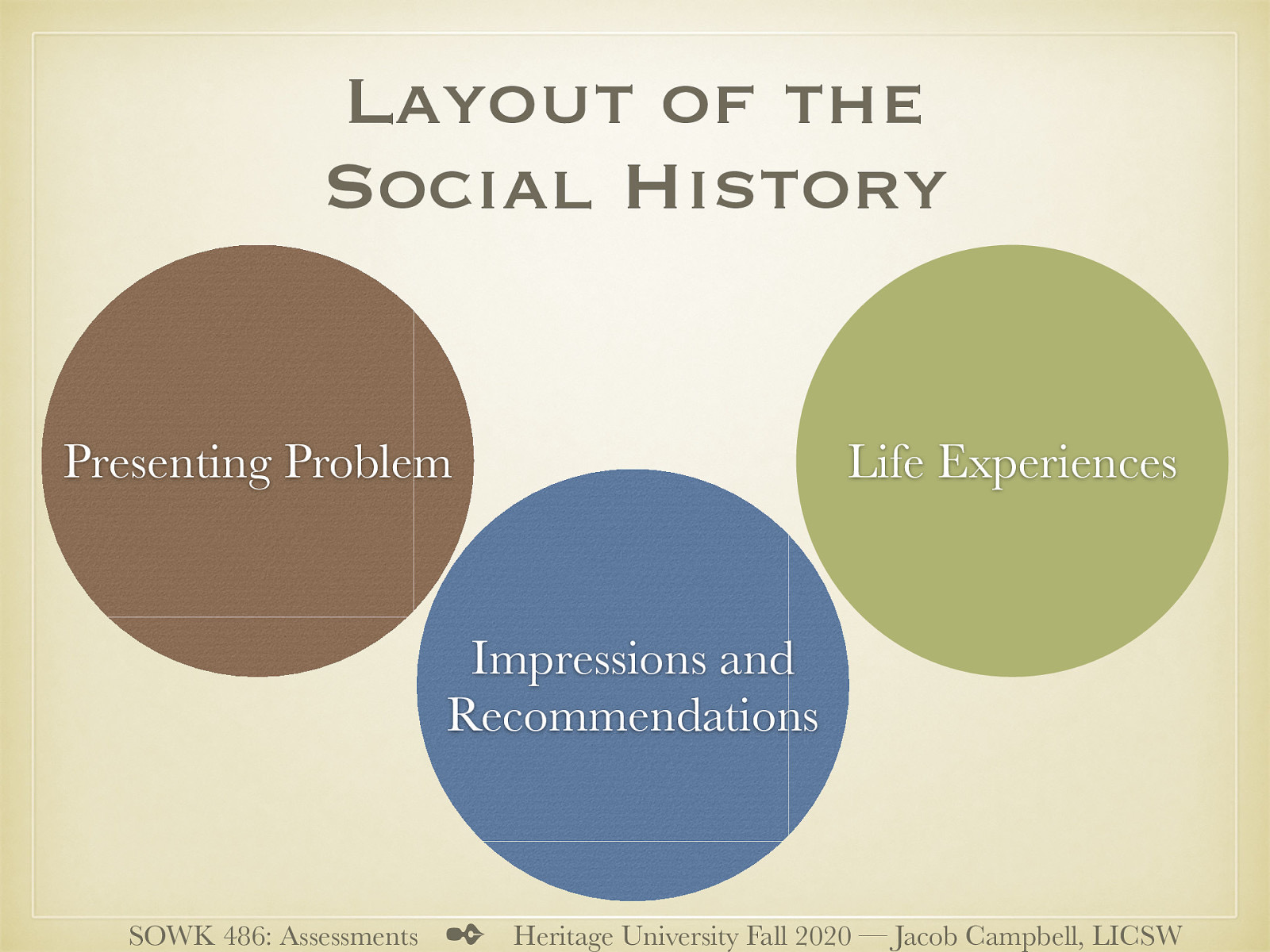  Social histories vary from agency to agency. The following is the general content of a social history. There are three main parts   Presenting Problem Life Experiences Impressions and Recommendations 
