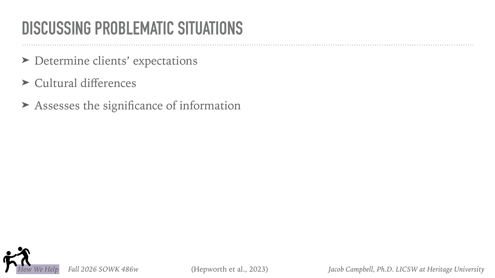 A presentation slide titled 'Discussing Problematic Situations' lists three key considerations: Determine clients' expectations, Cultural differences, and Assesses the significance of information. Footer indicates this is from Fall 2026 SOWK 486w at Heritage University, taught by Jacob Campbell, Ph.D., LICSW, citing Hepworth et al. (2023).