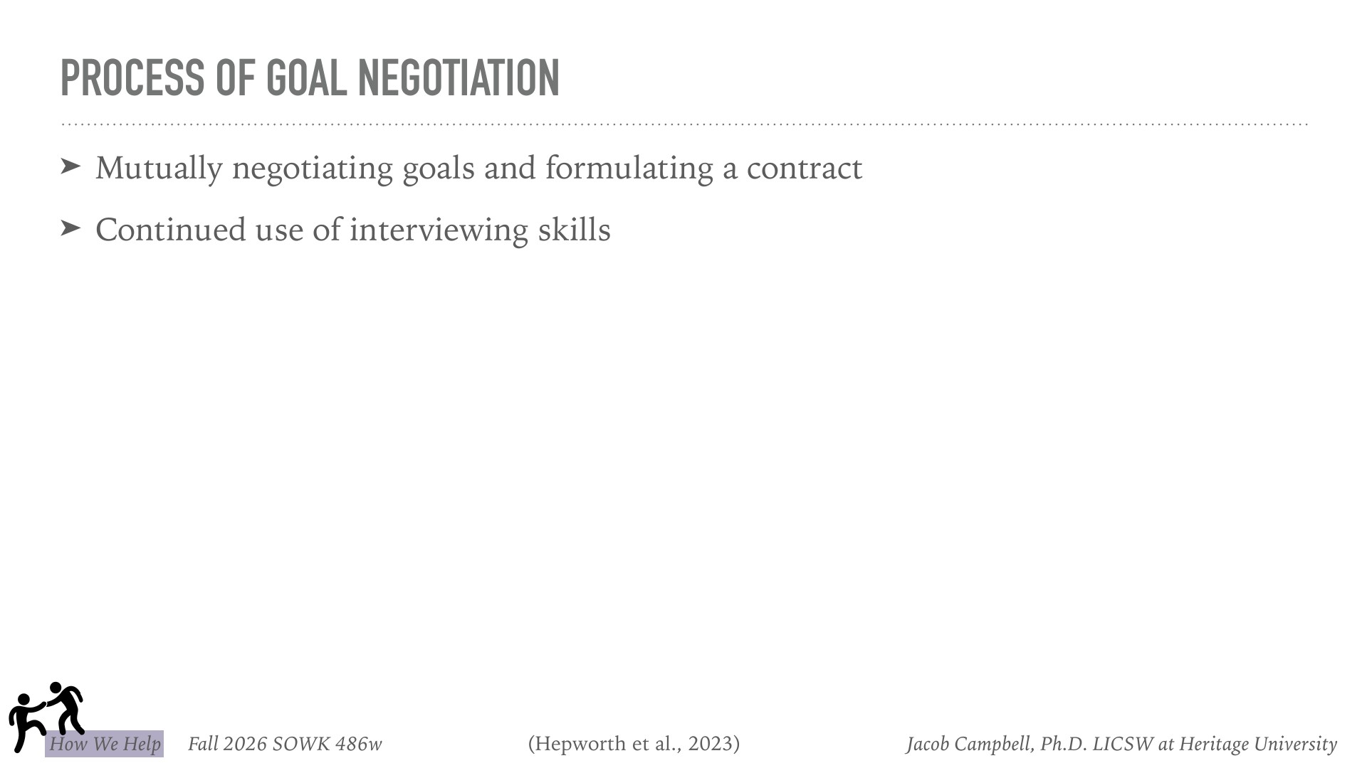A presentation slide displaying the title 'PROCESS OF GOAL NEGOTIATION' with two key bullet points: mutually negotiating goals and formulating a contract, and continued use of interviewing skills. The slide is part of Fall 2026 SOWK 486w course material at Heritage University.