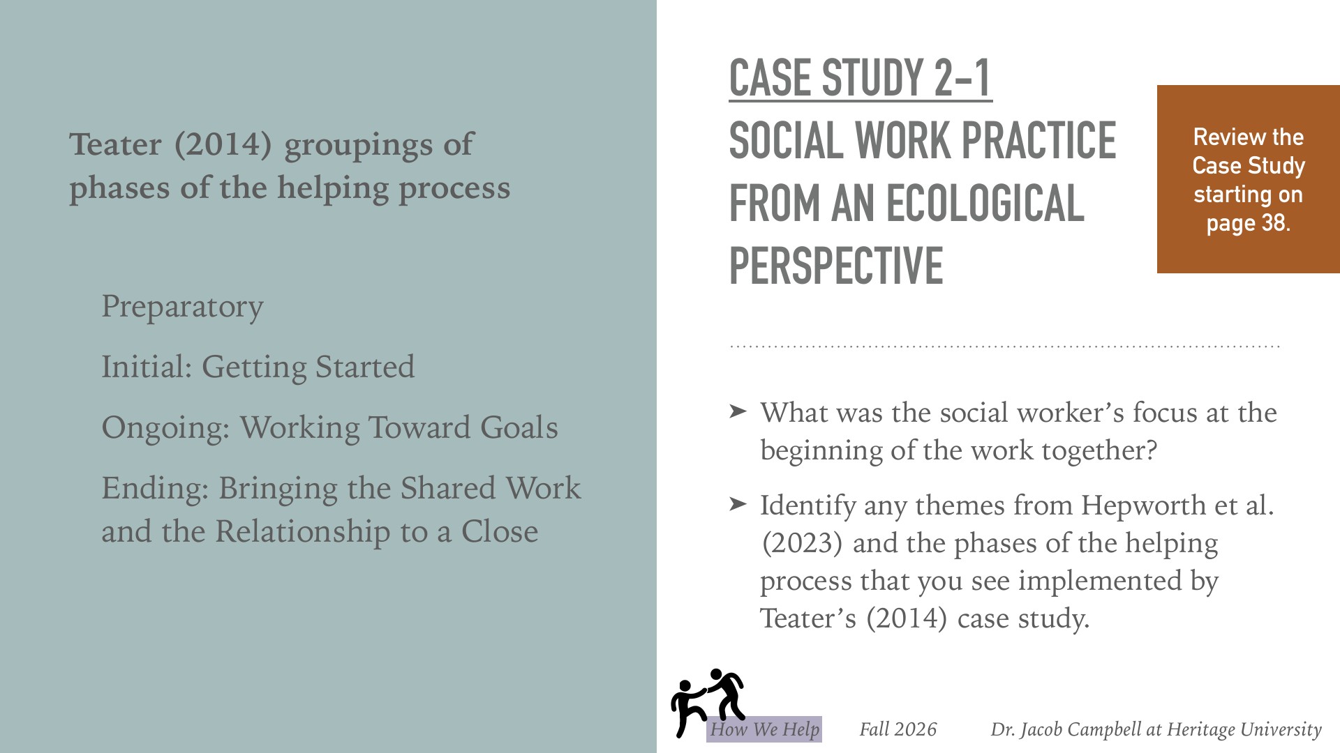 A presentation slide titled 'Case Study 2-1: Social Work Practice from an Ecological Perspective' displays Teater's (2014) phases of the helping process on the left—Preparatory, Initial: Getting Started, Ongoing: Working Toward Goals, and Ending: Bringing the Shared Work and the Relationship to a Close. The right side instructs students to review the case study starting on page 38 and answer two questions: identifying the social worker's initial focus and connecting Hepworth et al. (2023) themes to Teater's case study phases. Footer credits Dr. Jacob Campbell at Heritage University, Fall 2026.