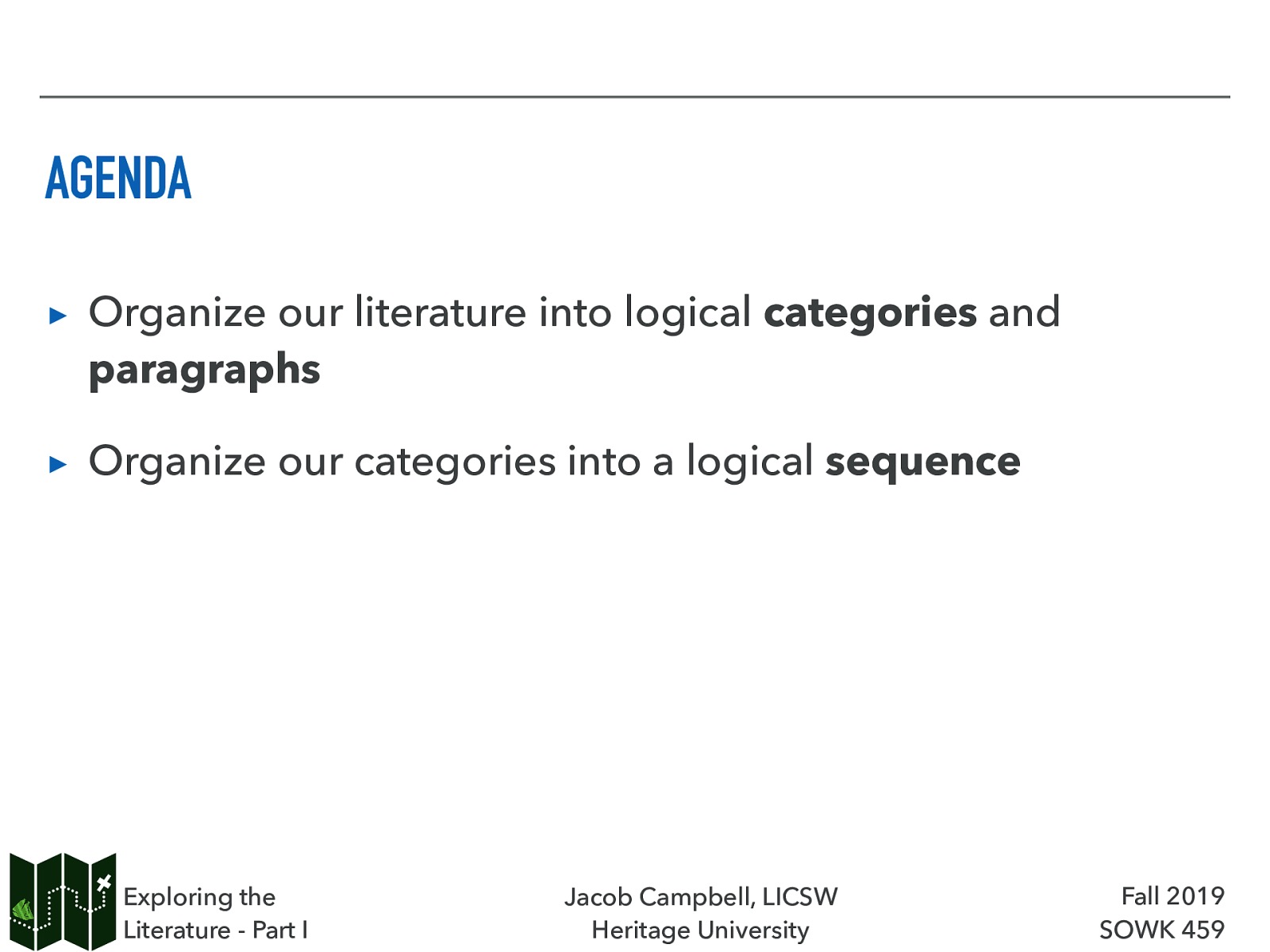 AGENDA ▸ Organize our literature into logical categories and paragraphs ▸ Organize our categories into a logical sequence Exploring the Literature - Part I Jacob Campbell, LICSW Heritage University Fall 2019 SOWK 459
