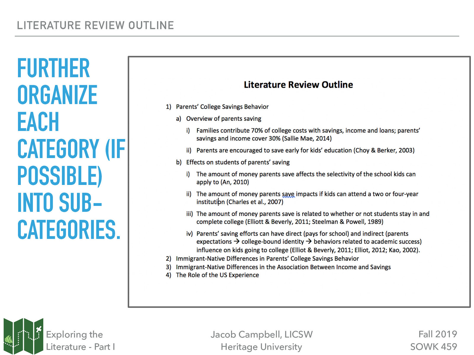 LITERATURE REVIEW OUTLINE FURTHER ORGANIZE EACH CATEGORY (IF POSSIBLE) INTO SUBCATEGORIES. Exploring the Literature - Part I Jacob Campbell, LICSW Heritage University Fall 2019 SOWK 459
