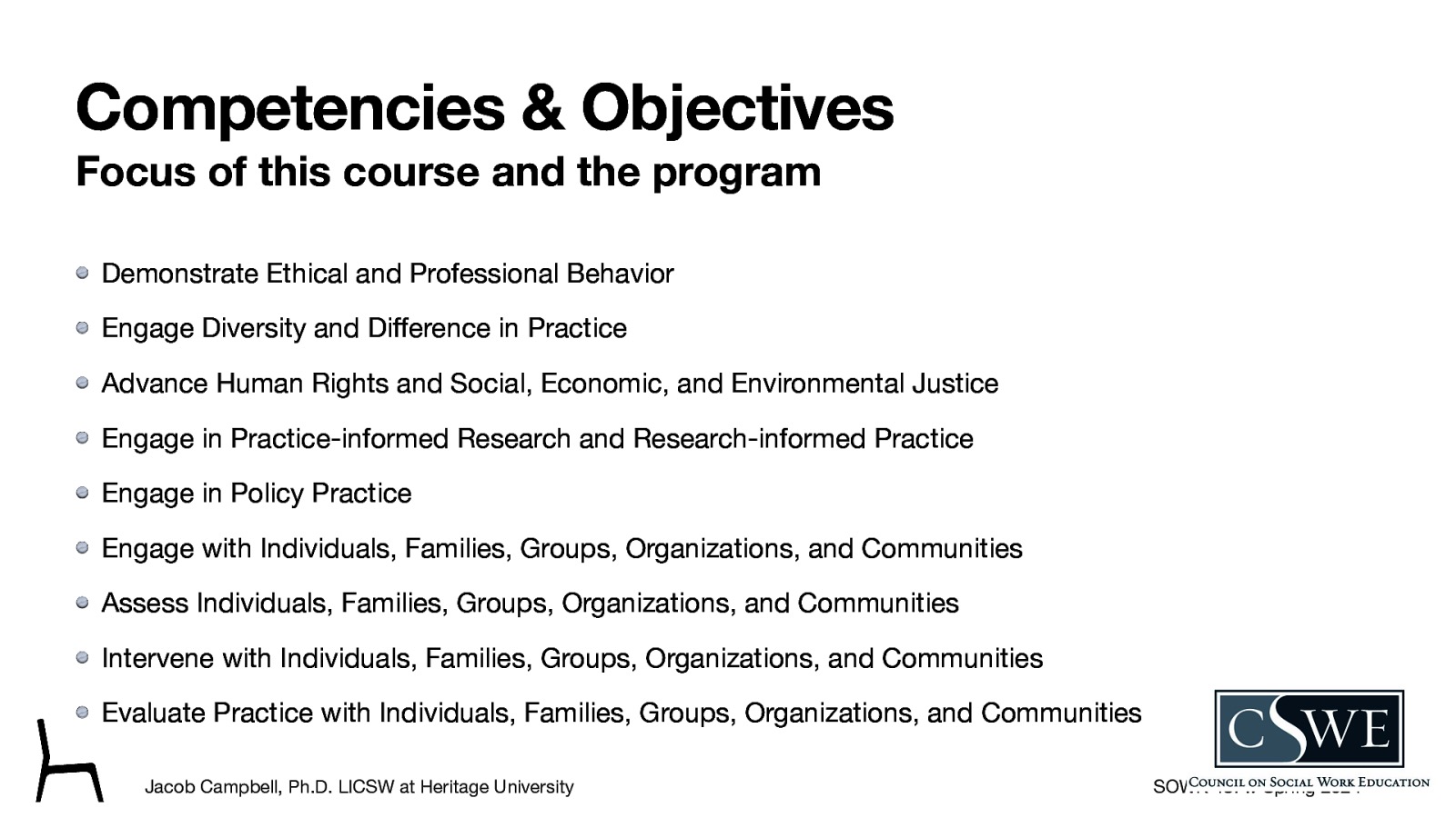 Competencies & Objectives Focus of this course and the program Demonstrate Ethical and Professional Behavior Engage Diversity and Di erence in Practice Advance Human Rights and Social, Economic, and Environmental Justice Engage in Practice-informed Research and Research-informed Practice Engage in Policy Practice Engage with Individuals, Families, Groups, Organizations, and Communities Assess Individuals, Families, Groups, Organizations, and Communities Intervene with Individuals, Families, Groups, Organizations, and Communities Evaluate Practice with Individuals, Families, Groups, Organizations, and Communities ff Jacob Campbell, Ph.D. LICSW at Heritage University SOWK 487w Spring 2024
