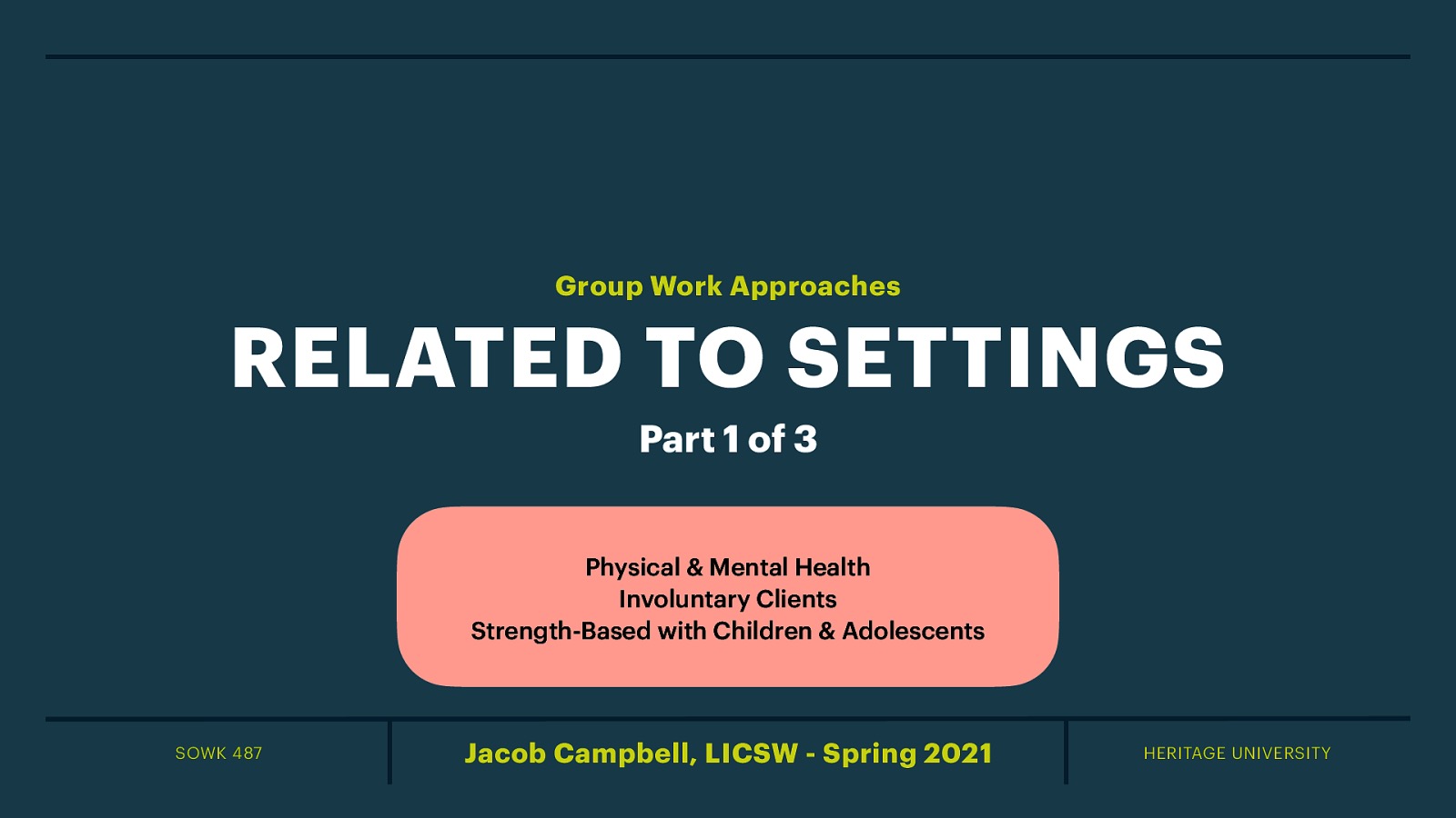 Time: Wednesday’s from 5:30-8:15 Date: 03/24/21 Content: Group Work Approaches Related to Setting I Reading Assignment: Garvin et al. (2017) Chapters 13-16 Due Dates:   A-01: Synchronous Class Engagement Attend class  A-02: Asynchronous Class Engagement W-11 Groups with Involuntary Clients discussion forum with an initial post due Friday 03/26/21 at 11:55 PM and two replies due Sunday 03/28/21 at 11:55 PM via My Heritage Class Forum   Read Garvin et al. (2017) Chapters 13-16 
