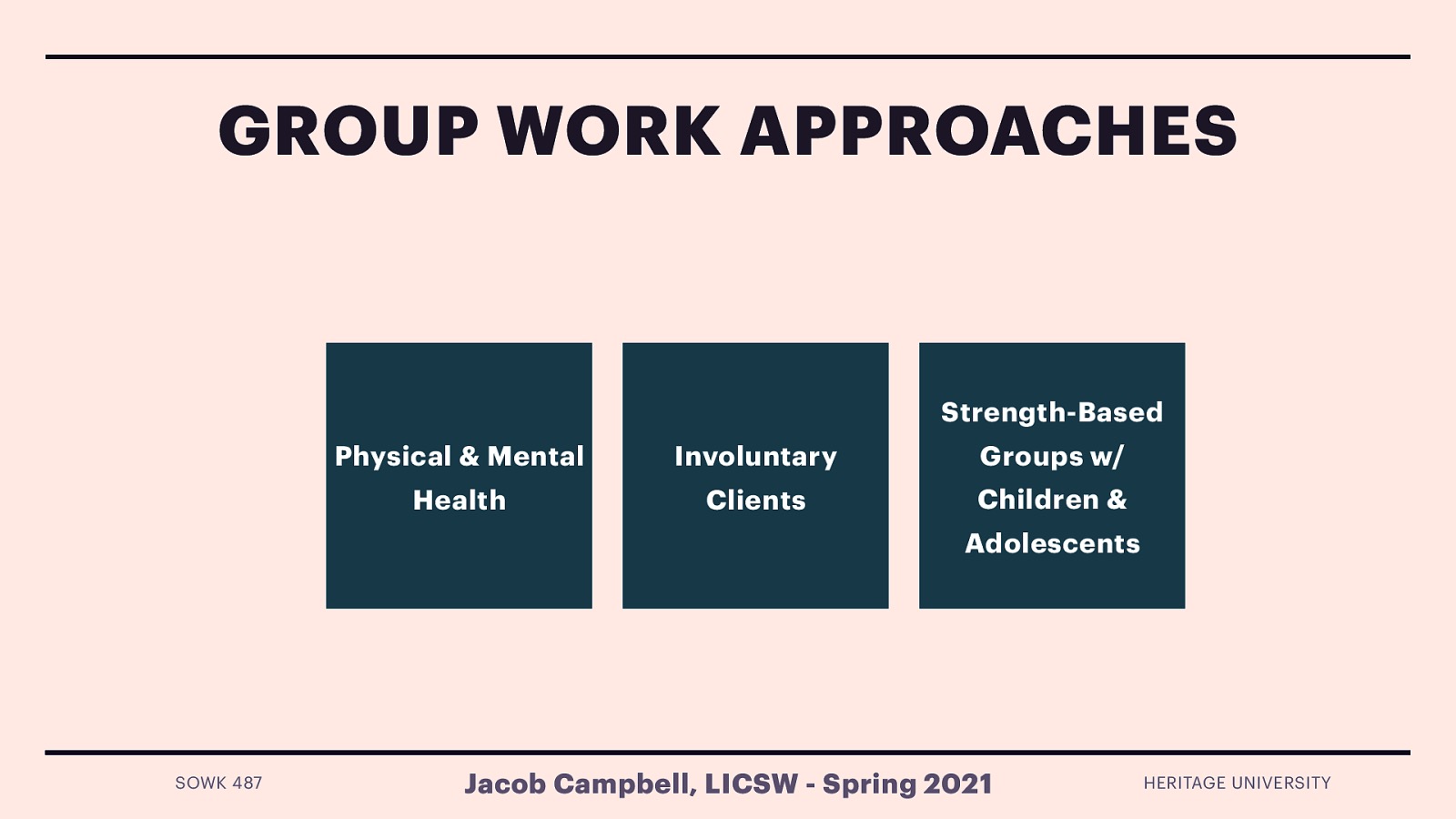  The reading discussed three different settings that group work can be done in. These are:   Groups in physical and mental health Involuntary groups Strengths-based group work with adolescents 
