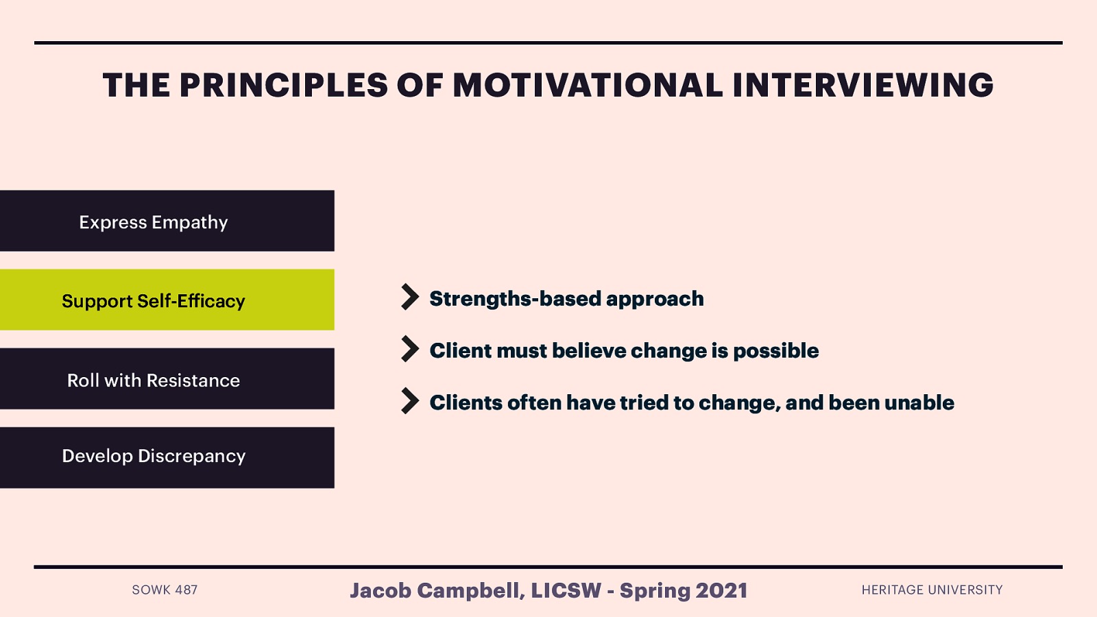  Supporting self-efficacy in motivational interviewing  is the counselor focusing on previous successes and highlighting skills and strengths.   MI is a strengths-based approach that believes that clients have within themselves the capabilities to change successfully. A client’s belief that change is possible (self-efficacy) is needed to instill hope about making those difficult changes. Clients often have previously tried and been unable to achieve or maintain the desired change, creating doubt about their ability to succeed. 
