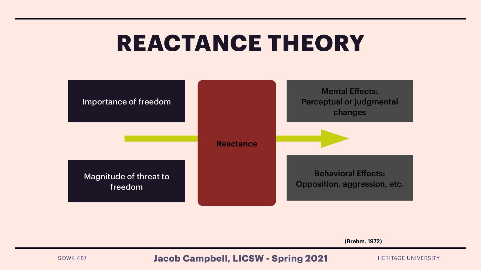  Brehm (1972) talked about Reactance (well and had been writing about it since the sixties).   Importance of the freedom Magnitude of threat to freedom  Creates Reactance  Mental Effects: Perceptual or judgmental changes Behavioral Effects: Opposition, aggression, etc. 
