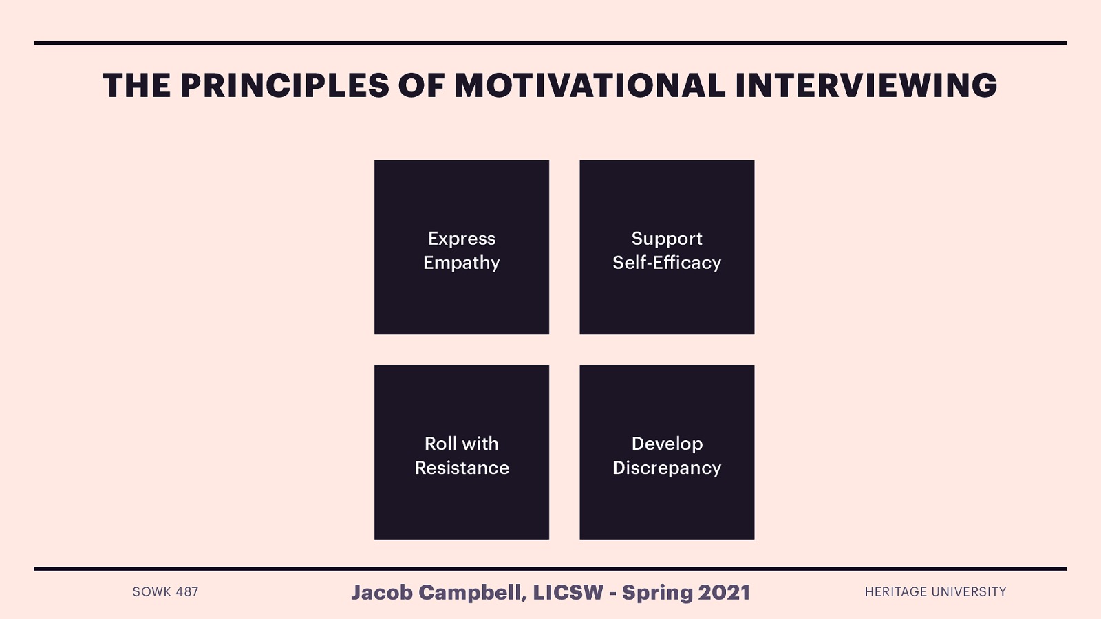  The book discusses how to deal with discrepancy. Developing discrepancy is one of the four guiding principles in Motivational Interviewing. Building on and bringing to life the elements of the MI “style,” there are four distinct principles that guide the practice of MI. The therapist employing MI will hold true to these principles throughout treatment.   Express Empathy (i.e. seeing, thinking, feeling, and sharing through the clients eyes) Support Self-Efficacy (i.e. A strengths based approach) Roll with Resistance (i.e. Dancing with the client vs. wrestling) Develop Discrepancy (i.e. Where I am vs. where I want to be) 
