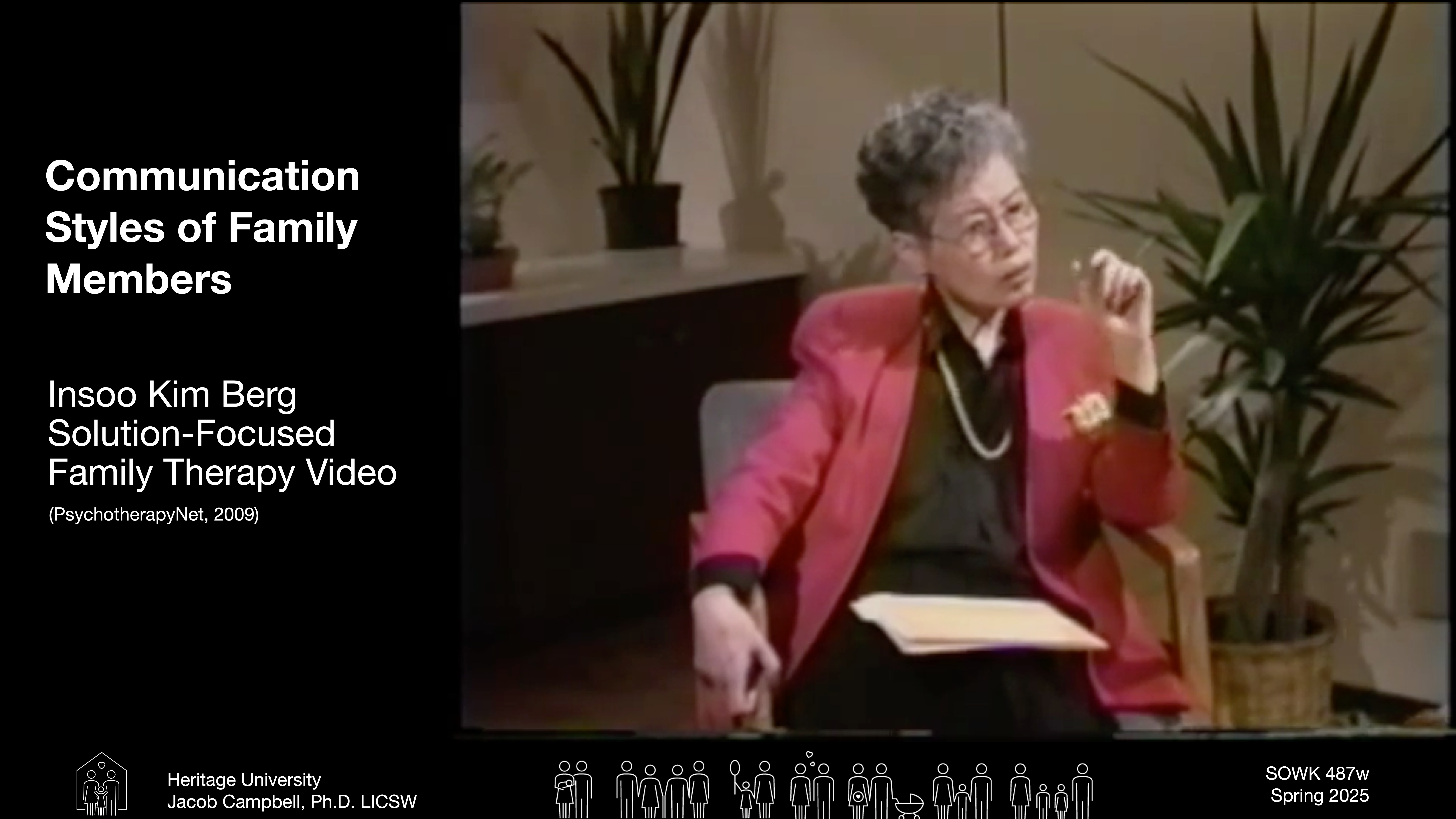 A person in a red jacket is seated, appearing thoughtful, in an office setting with potted plants. Text includes: 'Communication Styles of Family Members' and 'Insoo Kim Berg Solution-Focused Family Therapy Video.'