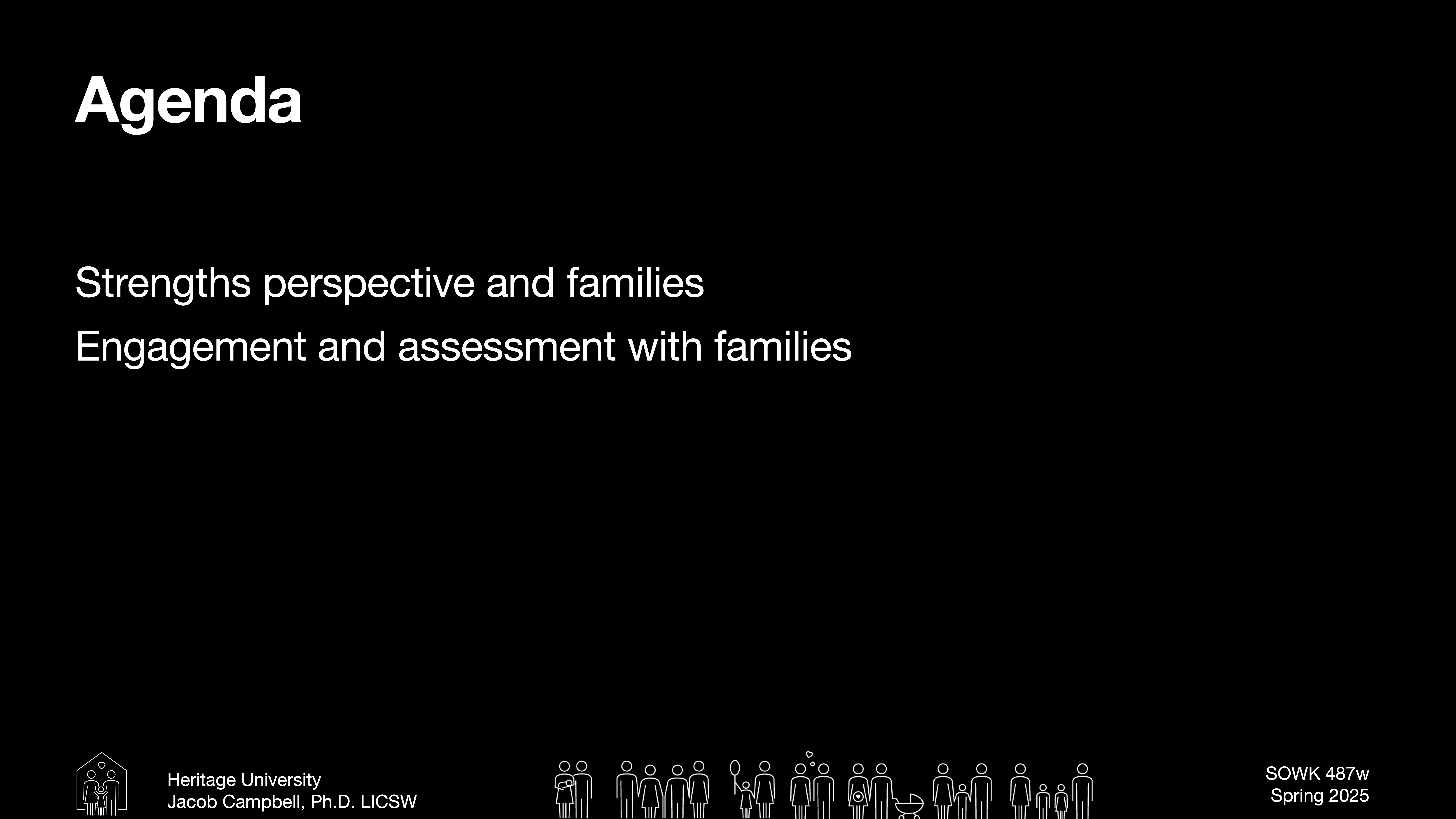 Agenda slide lists 'Strengths perspective and families' and 'Engagement and assessment with families.' Includes 'Heritage University,' 'Jacob Campbell, Ph.D., LICSW,' and 'SOWK 487w Spring 2025' with family icons.