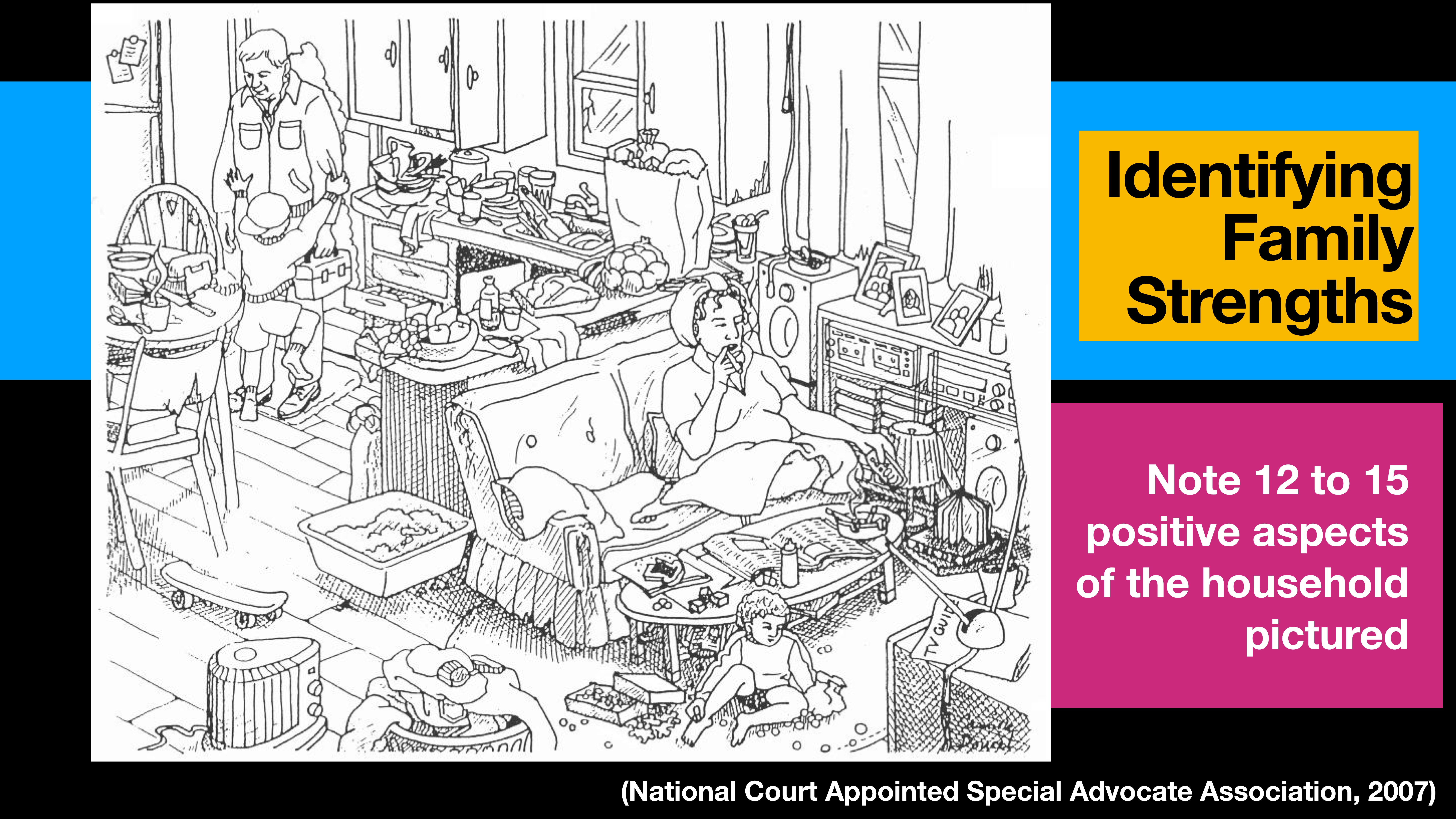 A detailed black-and-white illustration shows a cluttered room with two adults and a child engaging in various activities. Text reads: 'Identifying Family Strengths' and 'Note 12 to 15 positive aspects of the household pictured.'