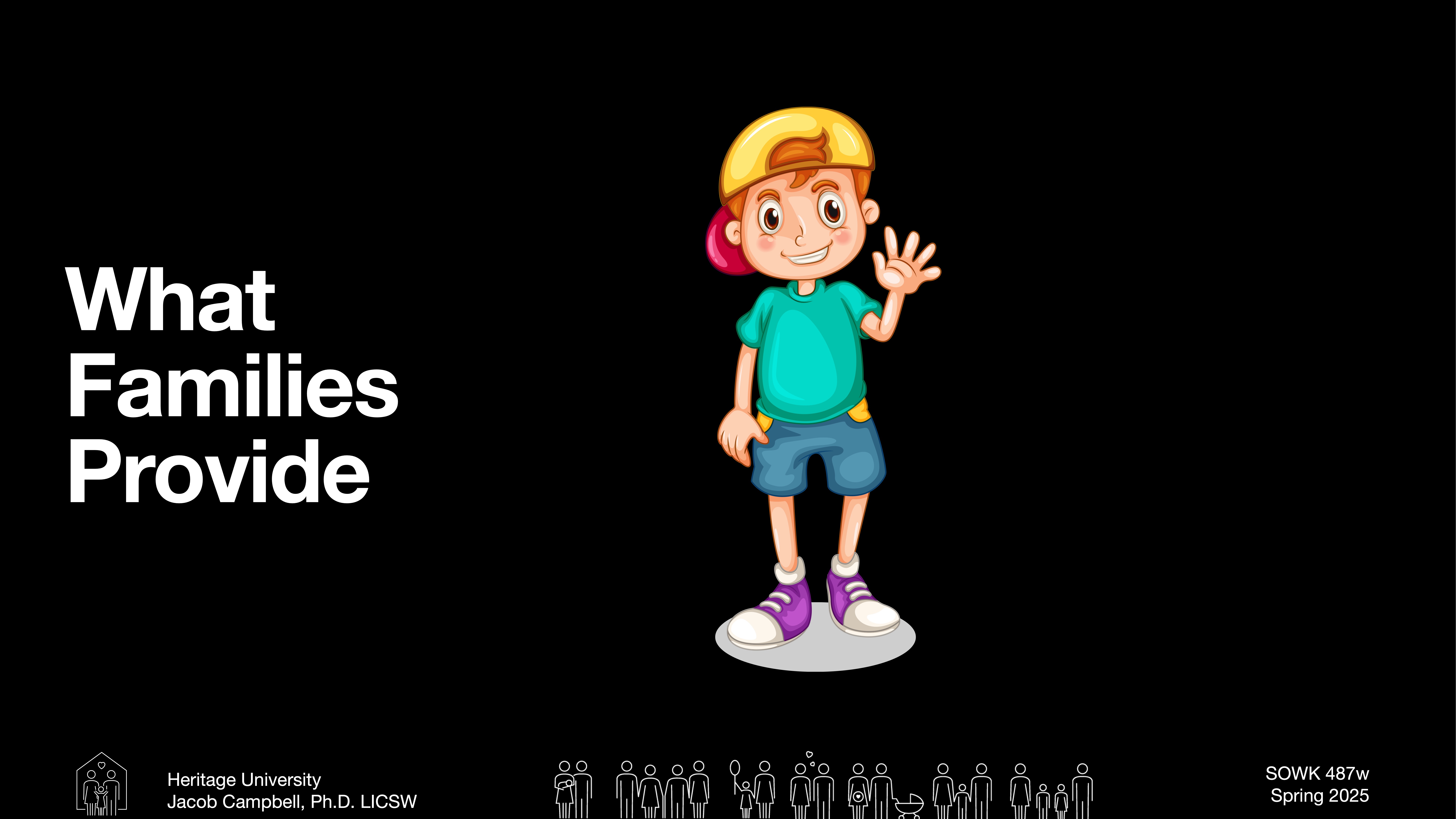 A cartoon boy waves on a black background. Text reads 'What Families Provide,' with details: 'Heritage University, Jacob Campbell, Ph.D., LICSW,' and 'SOWK 487w, Spring 2025.' Human figure icons line the bottom.