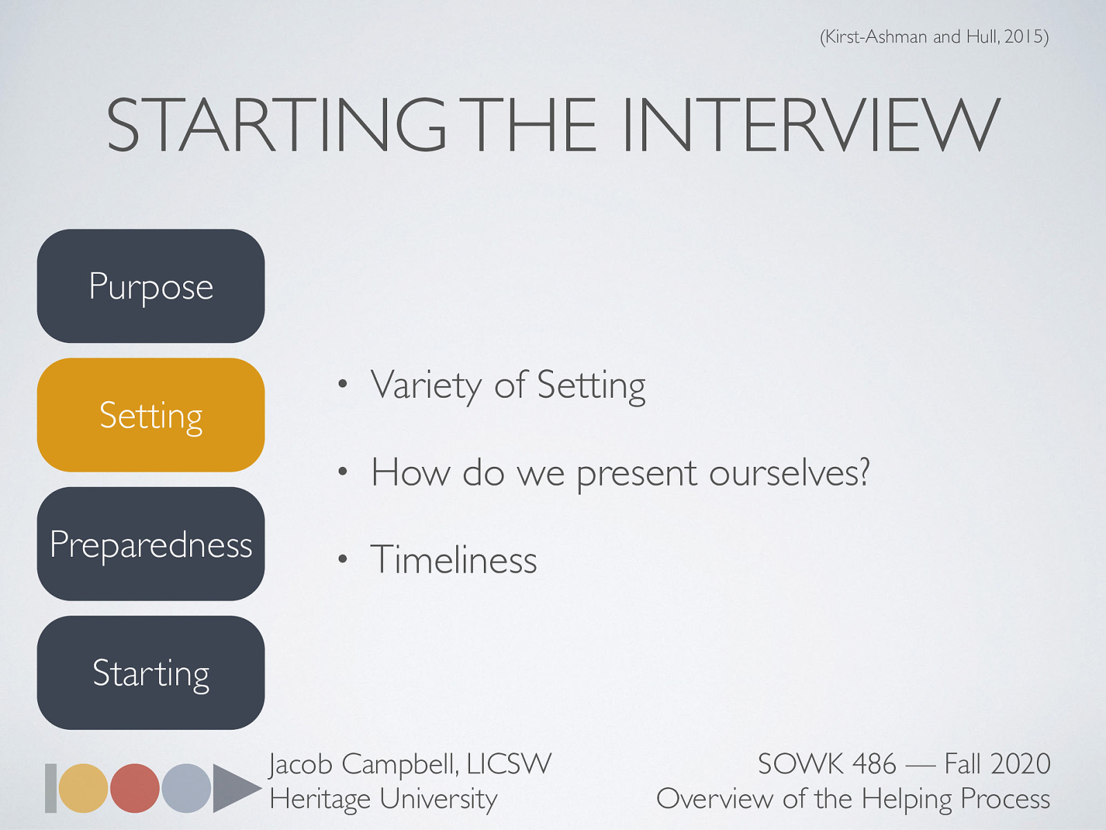  Thinking about what the setting is of the interview is aso important.    Variety of Settings: The interview setting can occur in a variety of settings depending on the field of practice and type of agency.  How do we present ourselves?  When deciding how to dress for an interview is important to remember that your general appearance will make an impression. You want to be aware of how the clients react to how you dress.    Timeliness Be prompt so that the client sees that you feel the time spent with them is important. 
