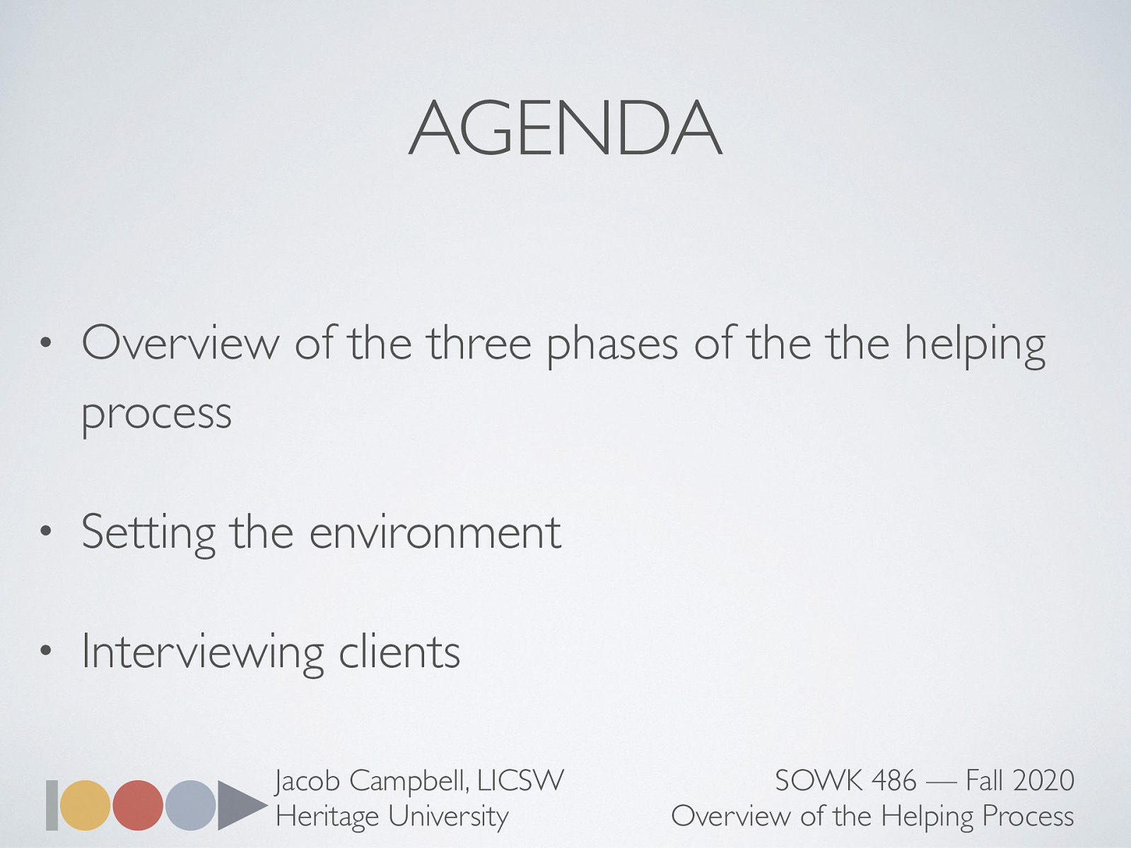  Overview of the three phases of the the helping process Setting the environment Interviewing clients 
