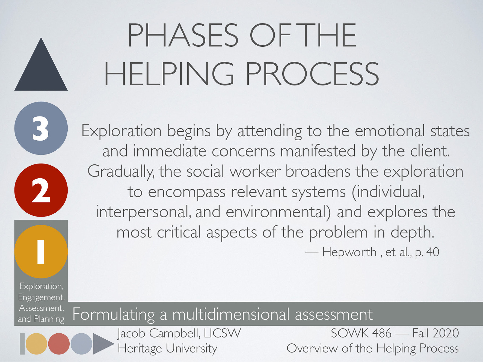  “Exploration begins by attending to the emotional states and immediate concerns manifested by the client. Gradually, the social worker broadens the exploration to encompass relevant systems (individual, interpersonal, and environmental) and explores the most critical aspects of the problem in depth.” (Hepworth 40) 
