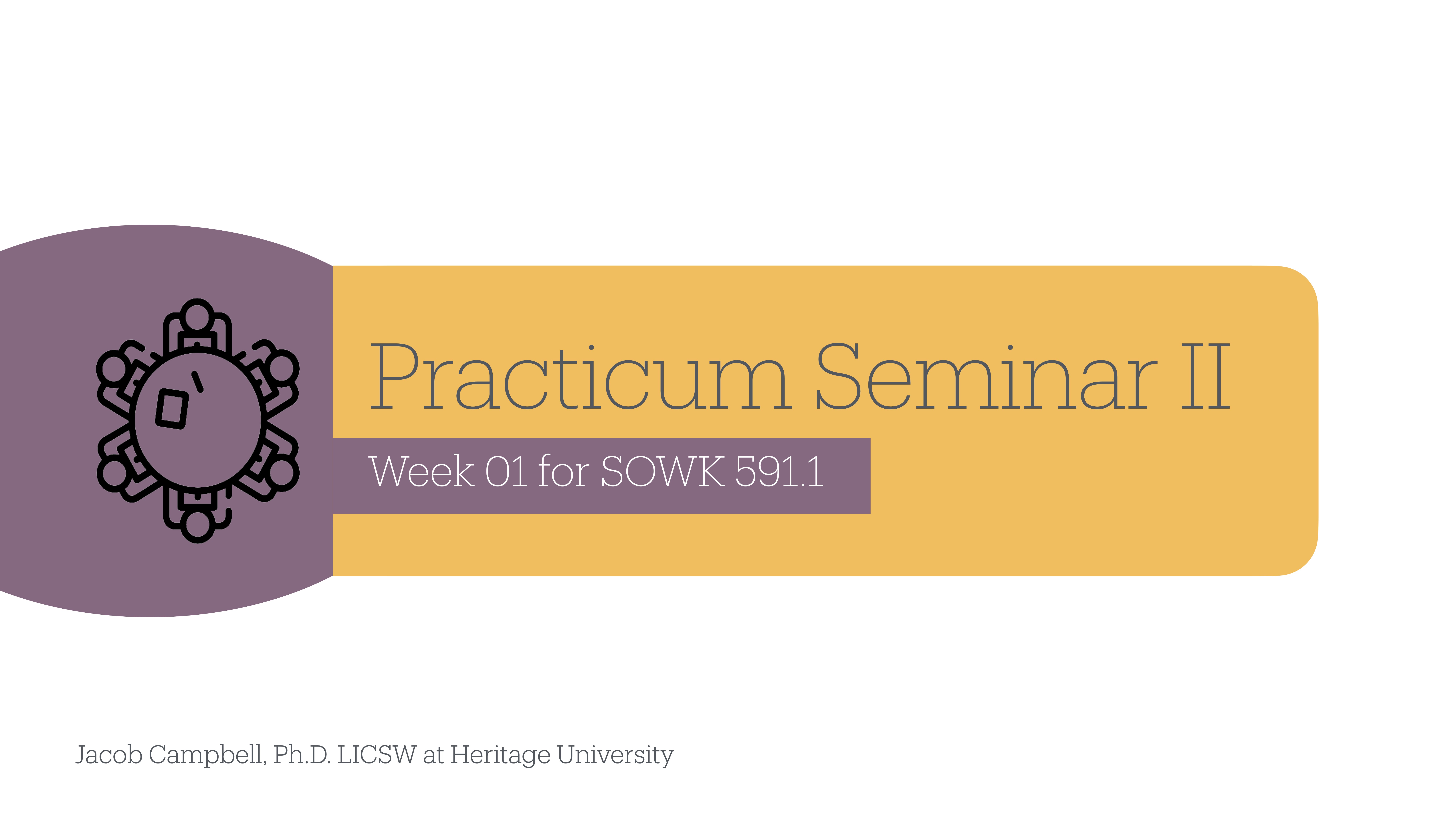 An abstract circular design is next to text reading, 'Practicum Seminar II, Week 01 for SOWK 591.1,' against a gold rectangle. Bottom text: 'Jacob Campbell, Ph.D. LICSW at Heritage University.'