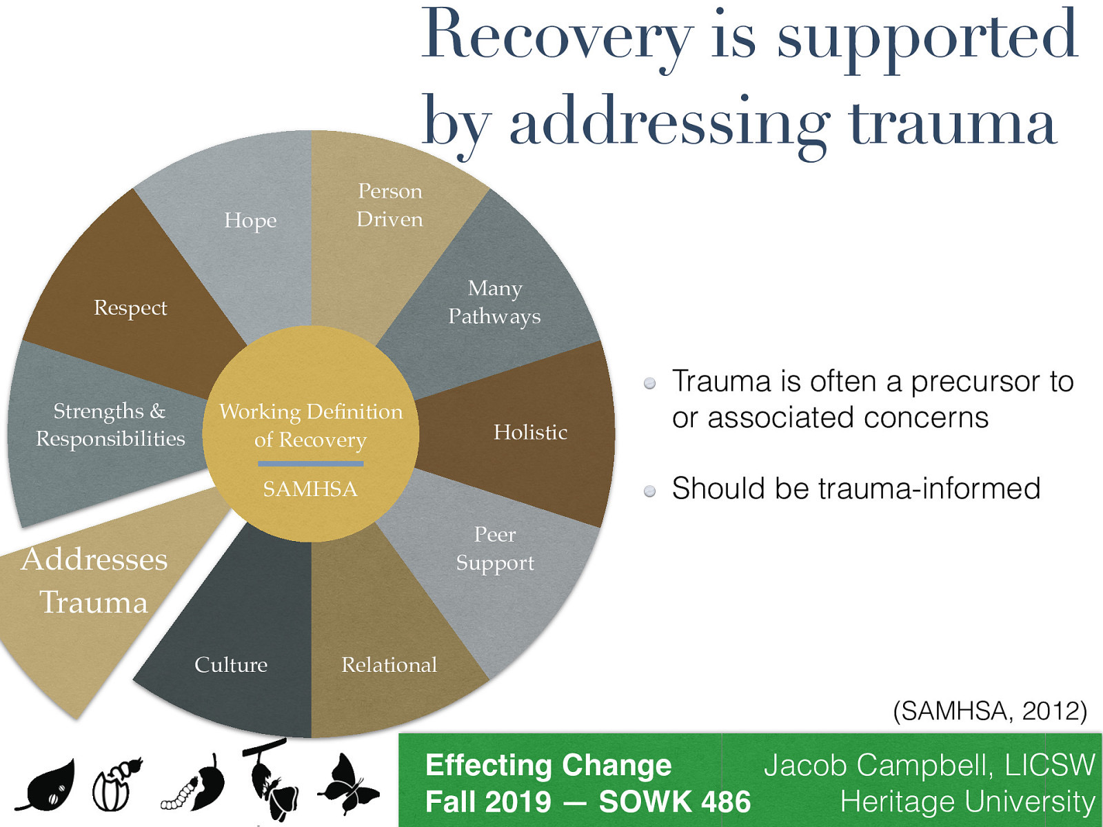  Addressing trauma is the eighth area of focus for recovery.   The experience of trauma (such as physical or sexual abuse, domestic violence, war, disaster, and others) is often a precursor to or associated with alcohol and drug use, mental health problems, and related issues. Services and supports should be trauma-informed to foster safety (physical and emotional) and trust, as well as promote choice, empowerment, and collaboration. 
