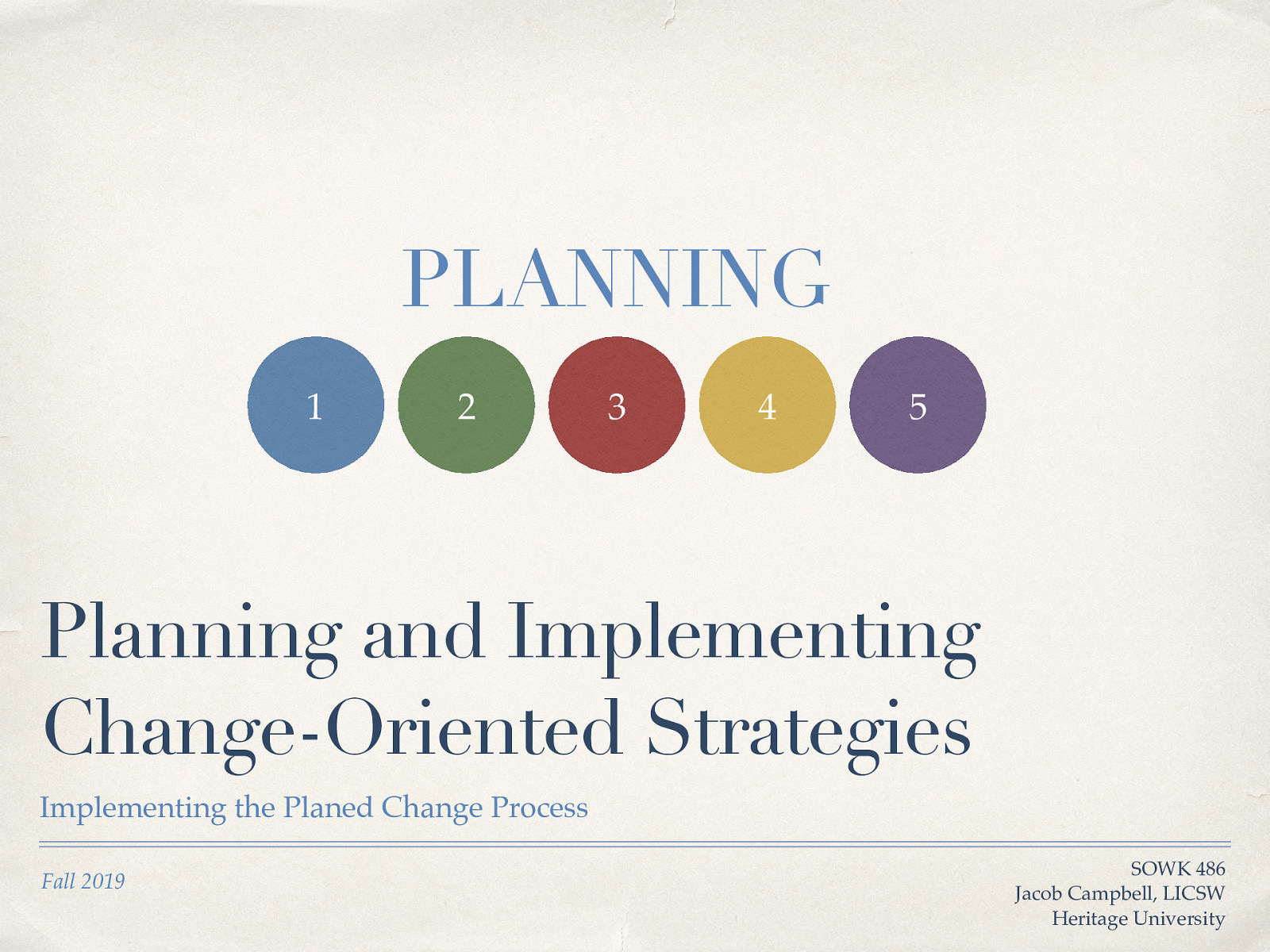 PLANNING 1 2 3 4 5 Planning and Implementing Change-Oriented Strategies Implementing the Planed Change Process Fall 2019 SOWK 486 Jacob Campbell, LICSW Heritage University