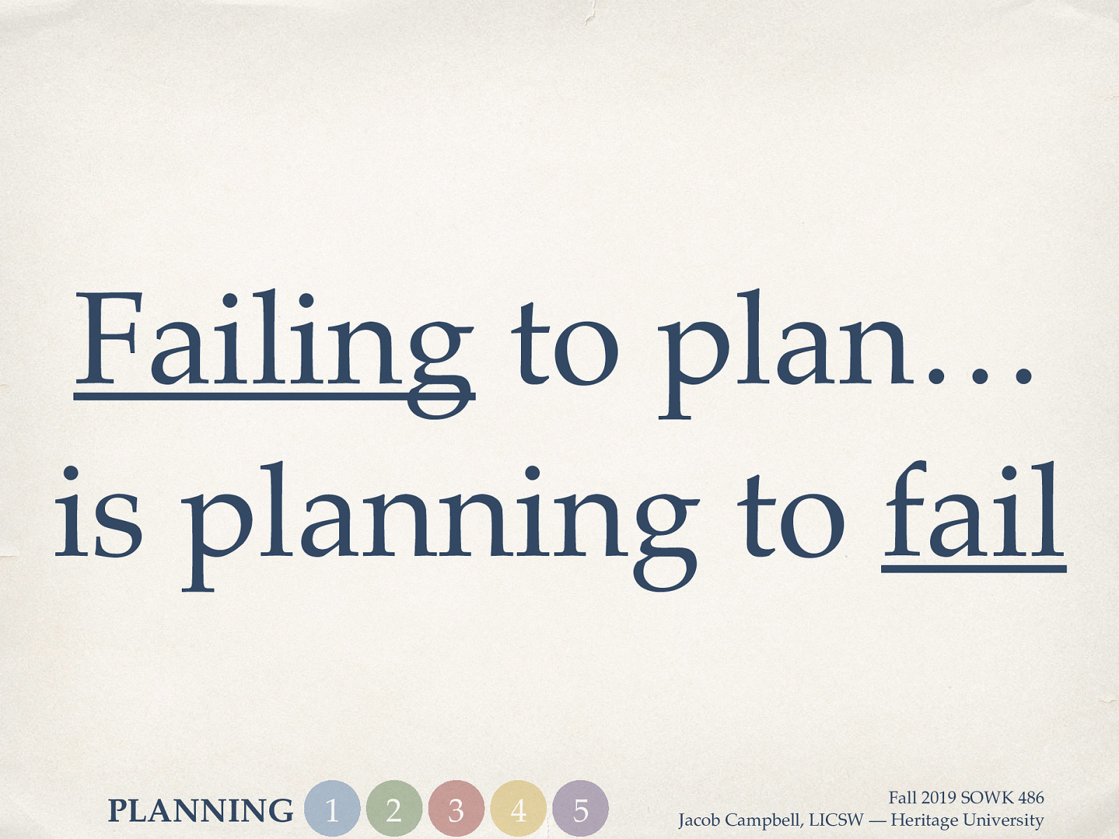 Failing to plan… is planning to fail PLANNING 1 2 3 4 5 Fall 2019 SOWK 486 Jacob Campbell, LICSW — Heritage University
