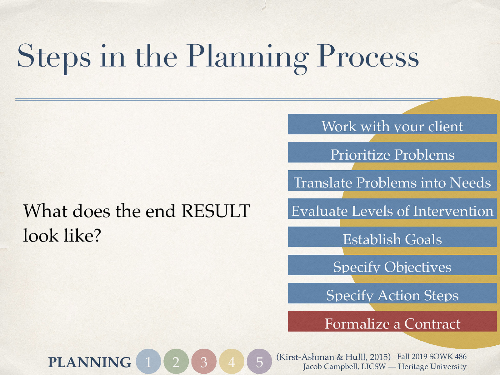 Steps in the Planning Process Work with your client Prioritize Problems Translate Problems into Needs What does the end RESULT look like? Evaluate Levels of Intervention Establish Goals Specify Objectives Specify Action Steps Formalize a Contract PLANNING 1 2 3 4 5 (Kirst-Ashman & Hulll, 2015) Fall 2019 SOWK 486 Jacob Campbell, LICSW — Heritage University
