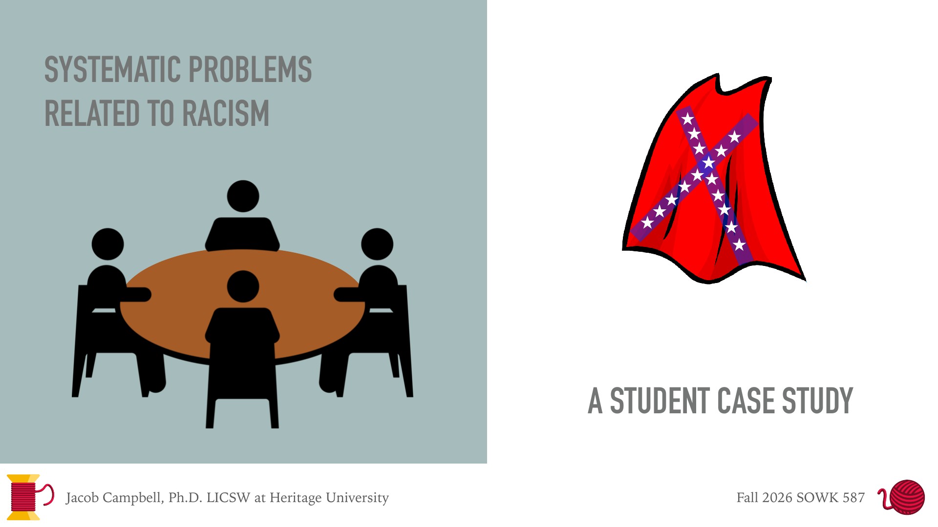 Four black silhouette figures sit around a round brown table on a gray-blue panel, while a red, cape-like cloth with a purple diagonal cross of white stars hangs on the white right side. Text: 'Systematic Problems Related to Racism' (left), 'A Student Case Study' (right), footer 'Jacob Campbell, Ph.D. LICSW at Heritage University' and 'Fall 2026 SOWK 587.'