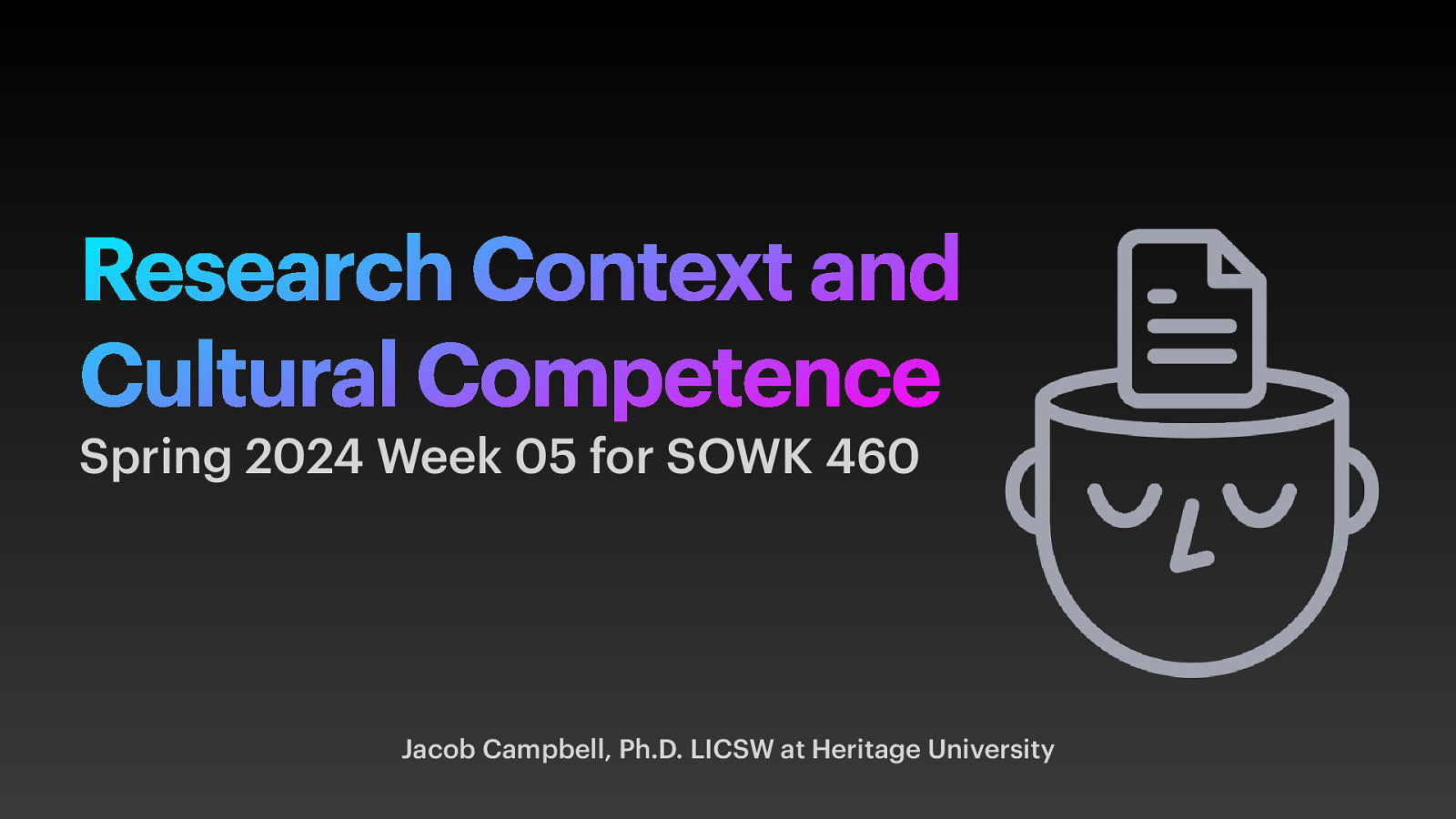 Research Context and Cultural Competence Spring 2024 Week 05 for SOWK 460 Jacob Campbell, Ph.D. LICSW at Heritage University
