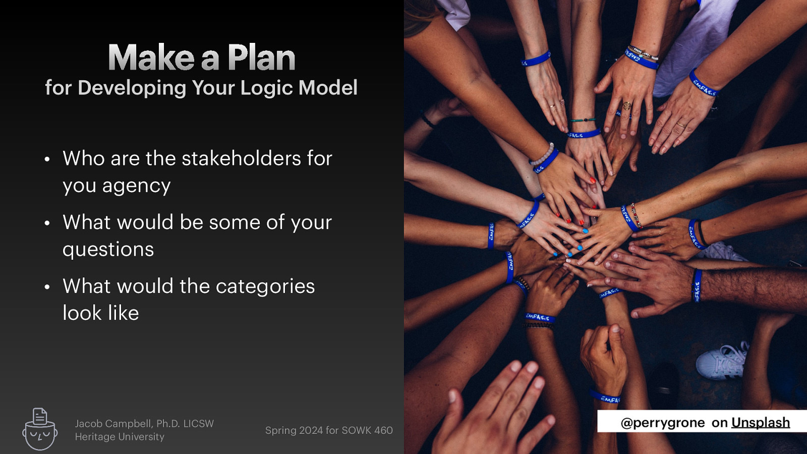 Make a Plan for Developing Your Logic Model • Who are the stakeholders for you agency • What would be some of your questions • What would the categories look like Jacob Campbell, Ph.D. LICSW Heritage University Spring 2024 for SOWK 460 @perrygrone on Unsplash
