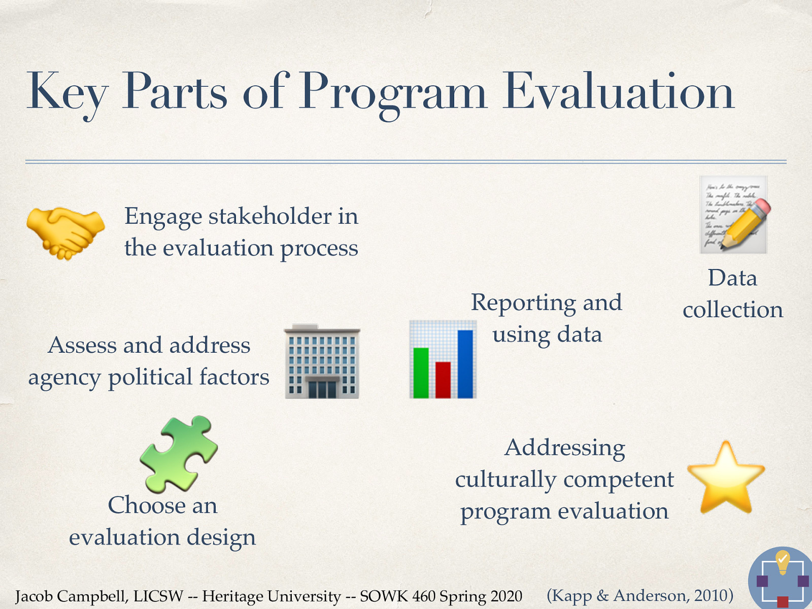  There are number of parts that we must consider as we move into doing program evaluation.   Engage stakeholder in the evaluation process Assess and address agency political factors Choose an evaluation design Data collection Reporting and using data Addressing culturally competent program evaluation 
