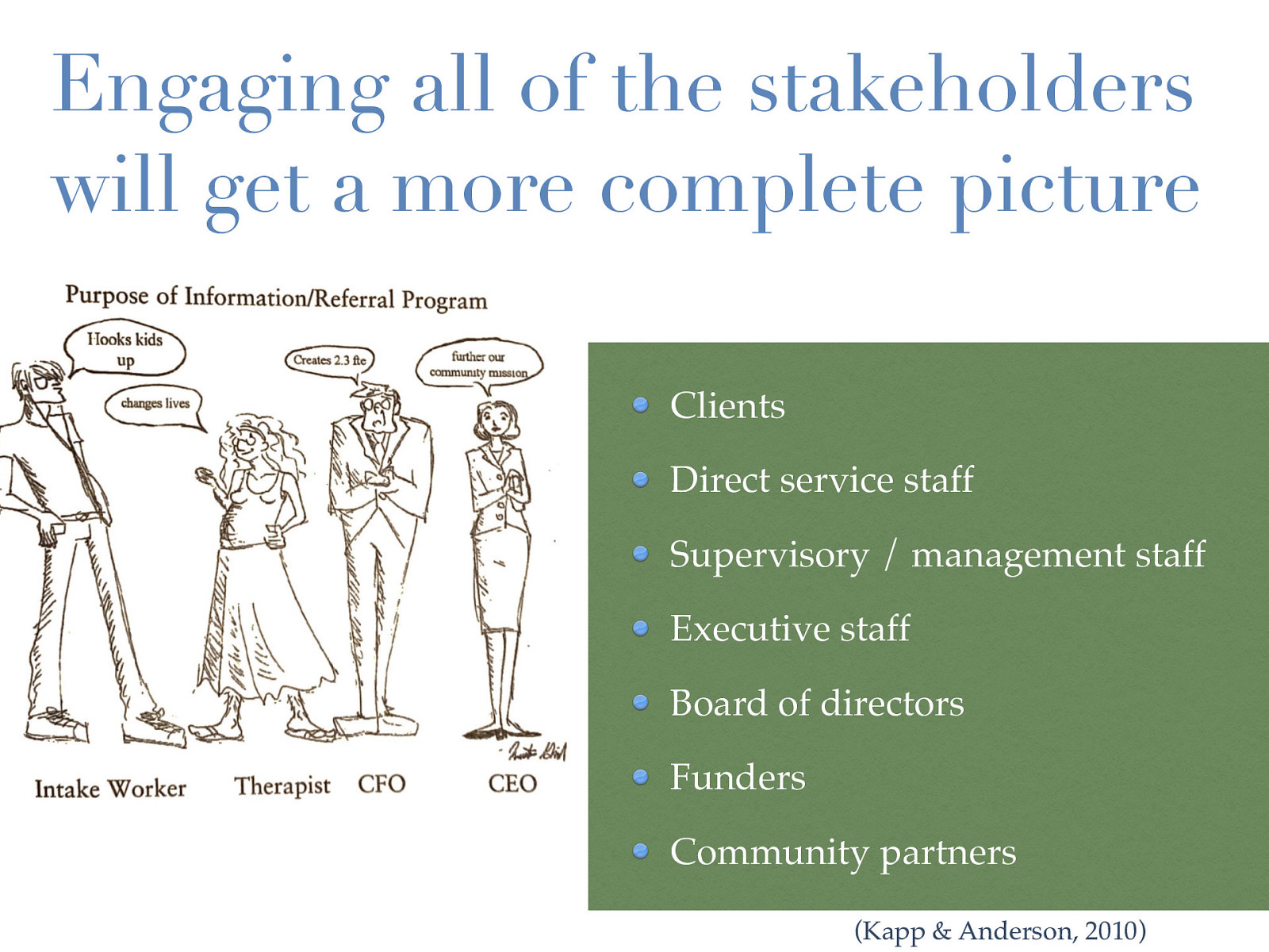  Engaging all of the stakeholders will get a more complete picture   Clients Direct service staff Supervisory / management staff Executive staff Board of directors Funders Community partners 
