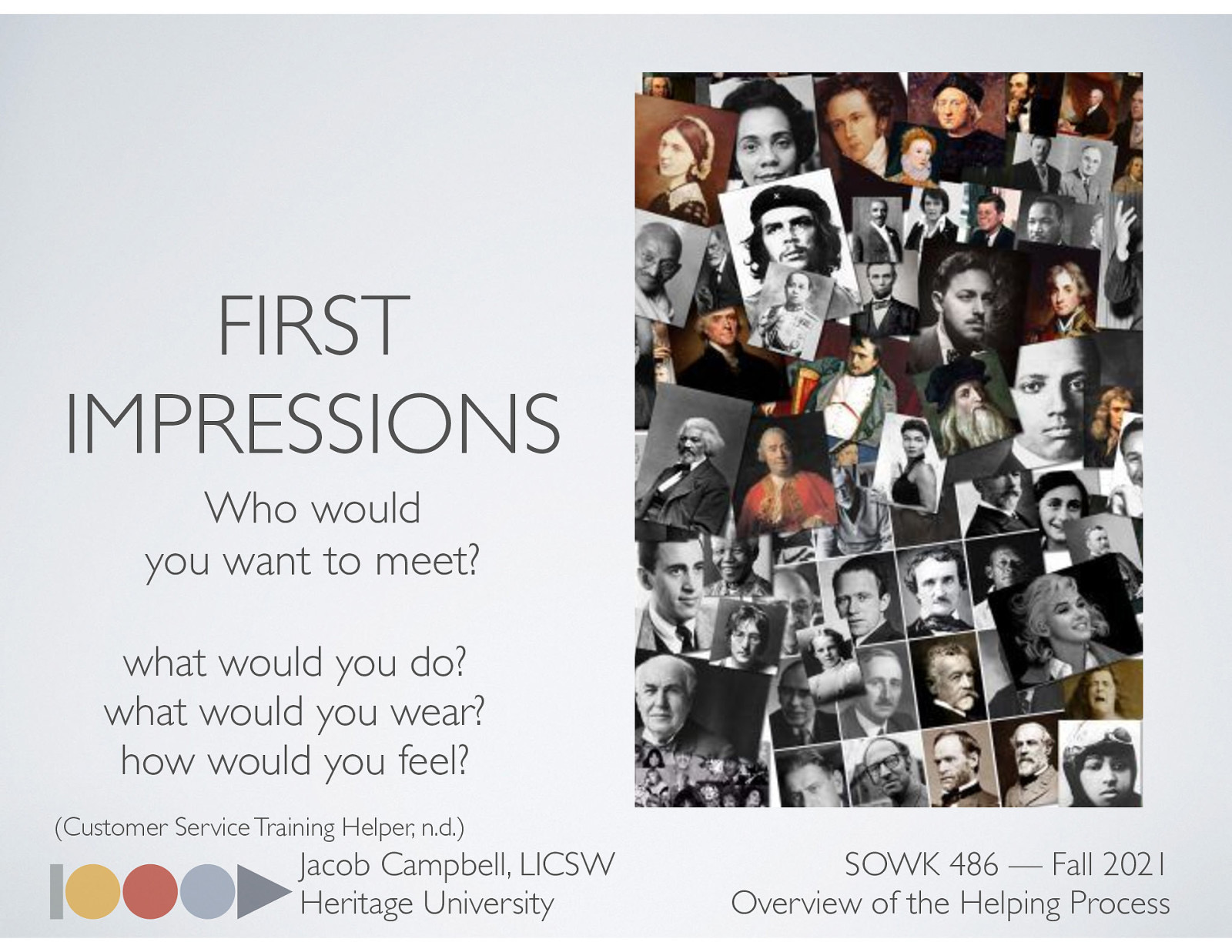  Making a good impression is essential.  [Small Group Activity] Think of a person you would want to meet in history. Ask them to imagine that they have won a competition to meet and interview that person this afternoon for a local TV station. Talk with a partner about the following:  what would you do? what would you wear? how would you feel?  [Whole Class Activity - Discussion] Lead the discussion to get them to recognize they would make an effort with their appearance and their behavior because they wanted to impress the person. Relate this to making a good impression with clients and colleagues appearance body language greeting answering a query / helping the customer housekeeping and tidiness  Activity Information: This is a useful exercise to demonstrate to the group the importance of creating a good impression. Good for: team meetings, customer service training, refresher and review sessions. This exercise works well where people work face to face with customers Length: This can vary depending on the time you have available, the size of the group, and whether you do this in a full group or in pairs. Suggested running time 15 - 30 minutes. Customer Service Training Helper (n.d.) Training activity good impressions. Retrieved from https://www.customer-service-training-helper.com/training-activity-good-impressions.html
