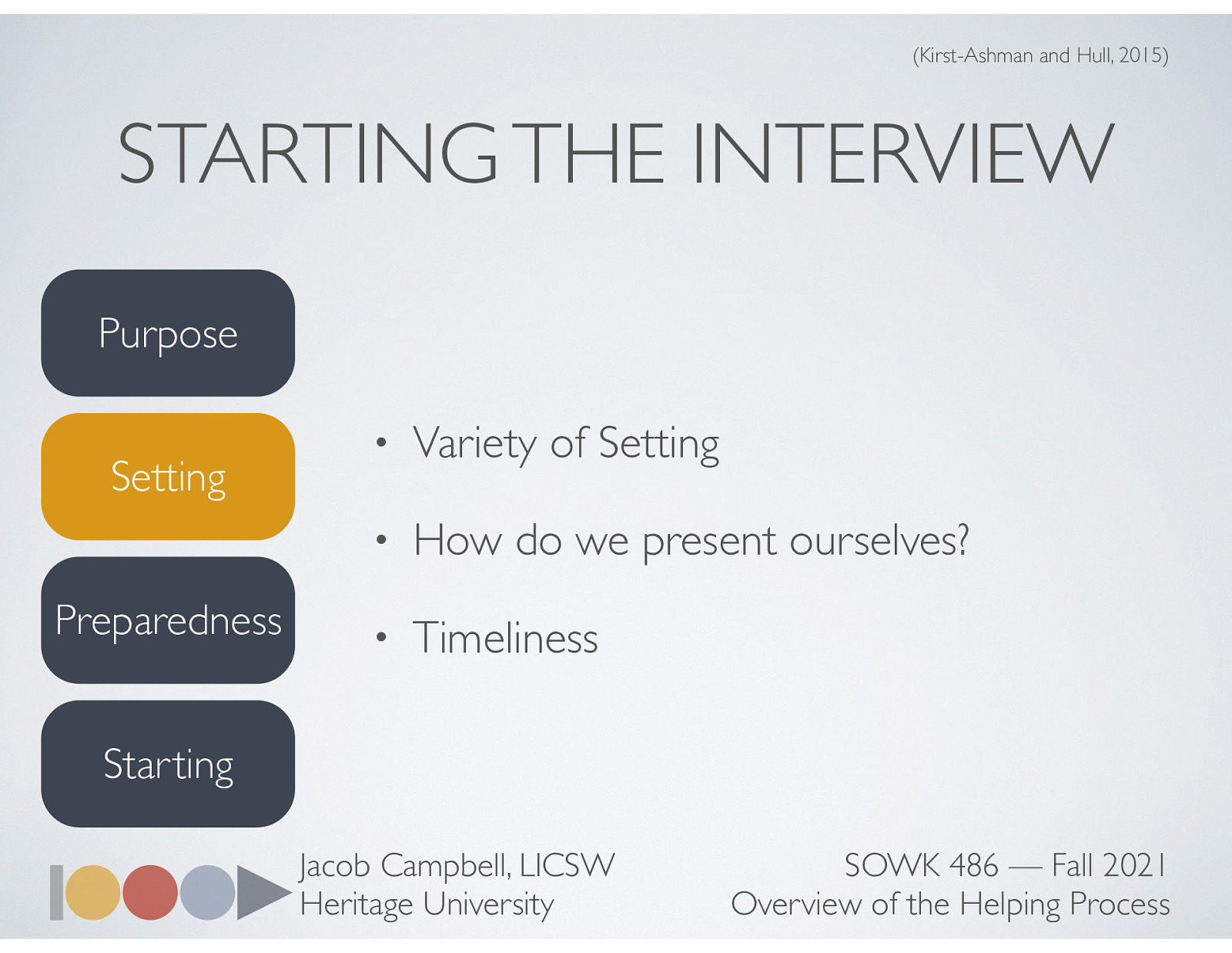  Thinking about what the setting is of the interview is also important.    Variety of Settings: The interview setting can occur in a variety of settings depending on the field of practice and type of agency.  How do we present ourselves?  When deciding how to dress for an interview is important to remember that your general appearance will make an impression. You want to be aware of how the clients react to how you dress.    Timeliness Be prompt so that the client sees that you feel the time spent with them is important. 
