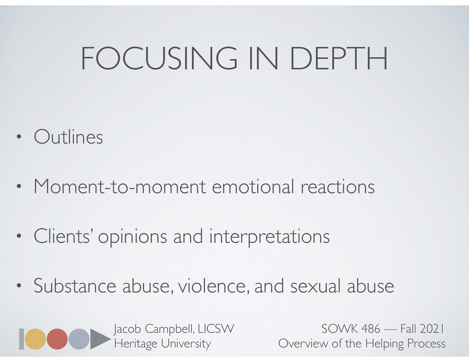  In addition to possessing discrete skills needed to elicit detailed information, social workers must be able to maintain the focus on problems until they have elicited comprehensive information.    Outlines that list essential questions to be answered for a given situation or problem can prove extremely helpful to beginning social workers. During the process of exploration, social workers must be keenly sensitive to clients’ moment-to-moment emotional reactions and to the part that emotional patterns play in their difficulties. Because thought patterns, beliefs, and attitudes are powerful determinants of behavior, it is important to explore clients’ opinions and interpretations of those circumstances and events deemed salient to their difficulties. Because of the prevalence and magnitude of problems associated with substance abuse, violence, and sexual abuse in the society, the possibility that these problems contribute to or represent the primary source of clients’ difficulties should be routinely explored. 
