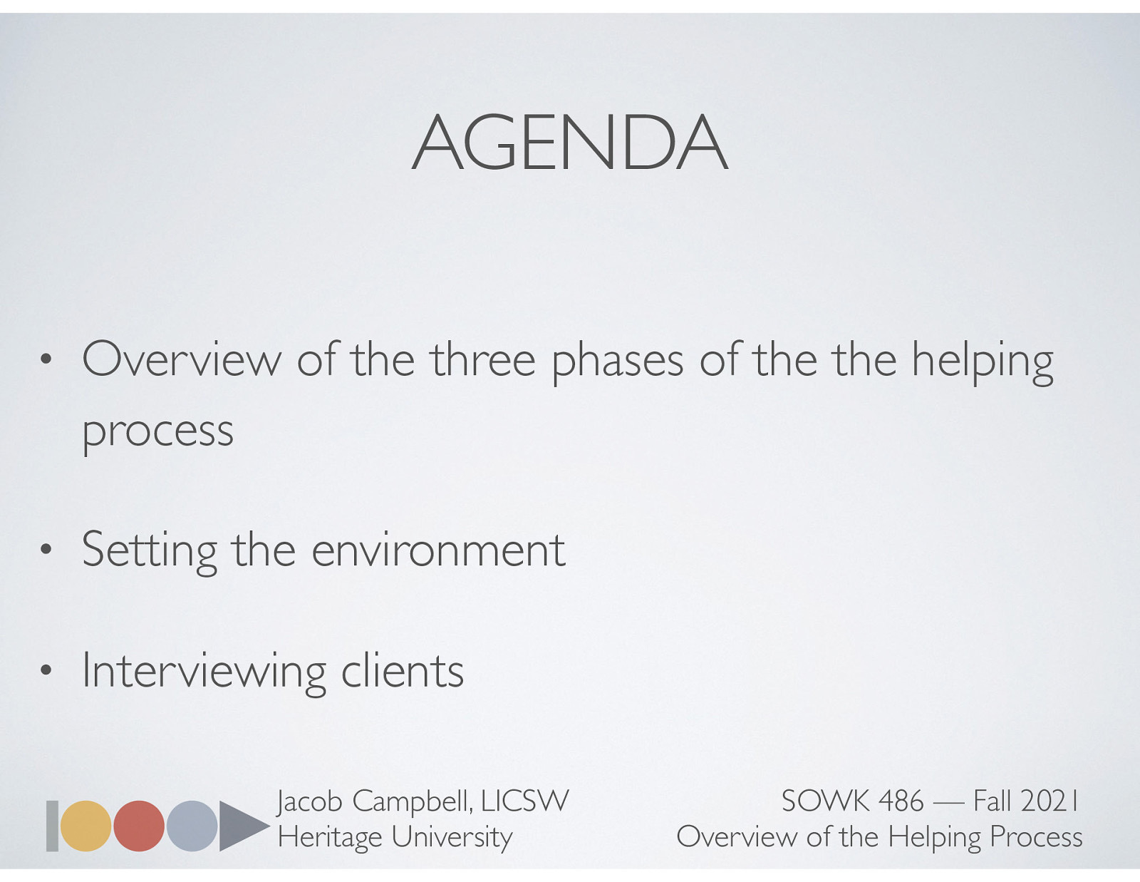  Overview of the three phases of the helping process Setting the environment Interviewing clients 
