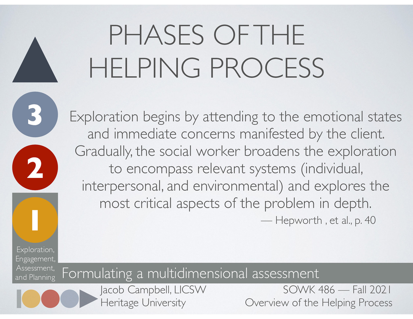  “Exploration begins by attending to the emotional states and immediate concerns manifested by the client. Gradually, the social worker broadens the exploration to encompass relevant systems (individual, interpersonal, and environmental) and explores the most critical aspects of the problem in depth.” (Hepworth 40) 
