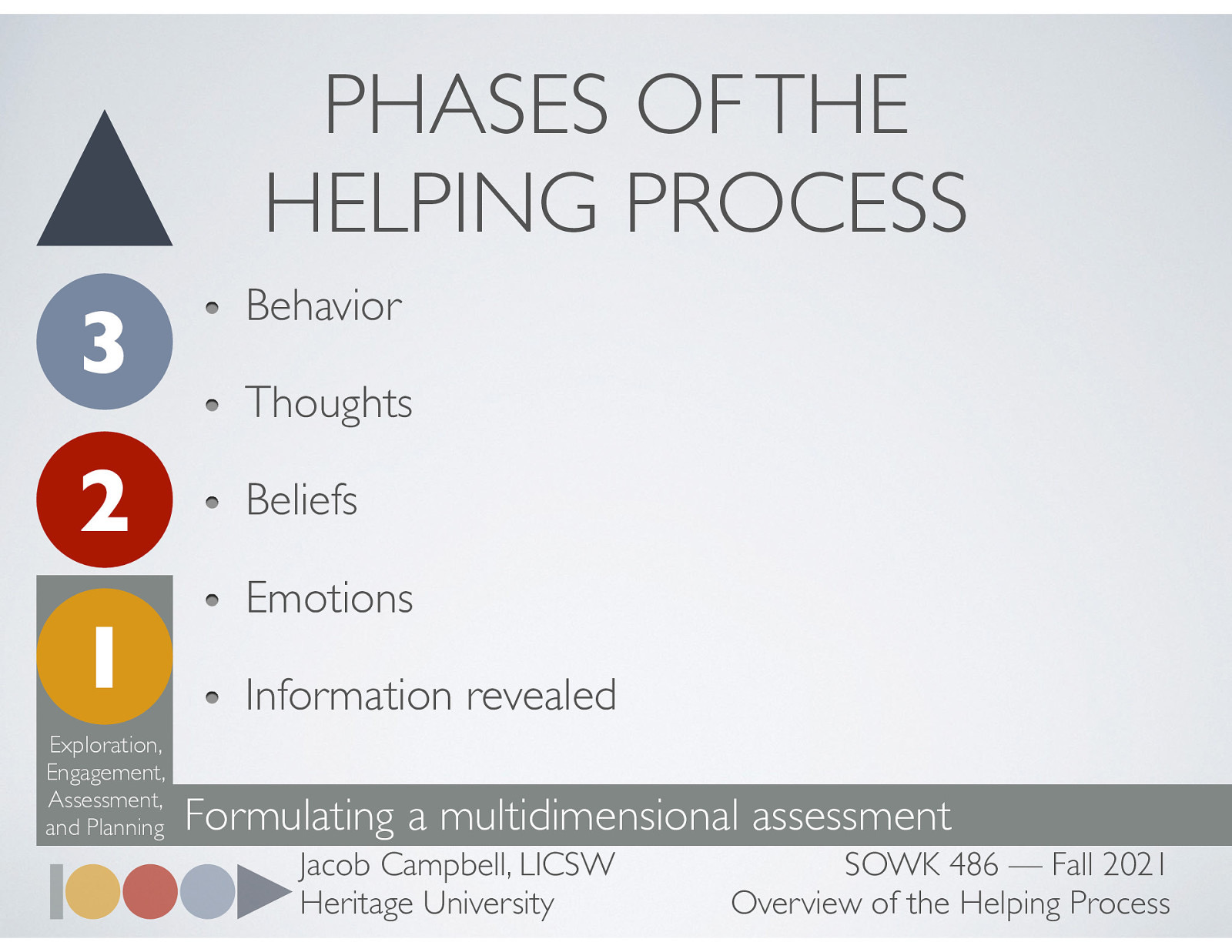  Formulating a multidimensional assessment of the problem, identifying systems that play a significant role in the difficulties, and identifying relevant resources that can be tapped or must be developed   Social workers end up taking moment by moment assessments of a clients…   Behavior Thoughts Beliefs Emotions Information revealed (during an interview) 
