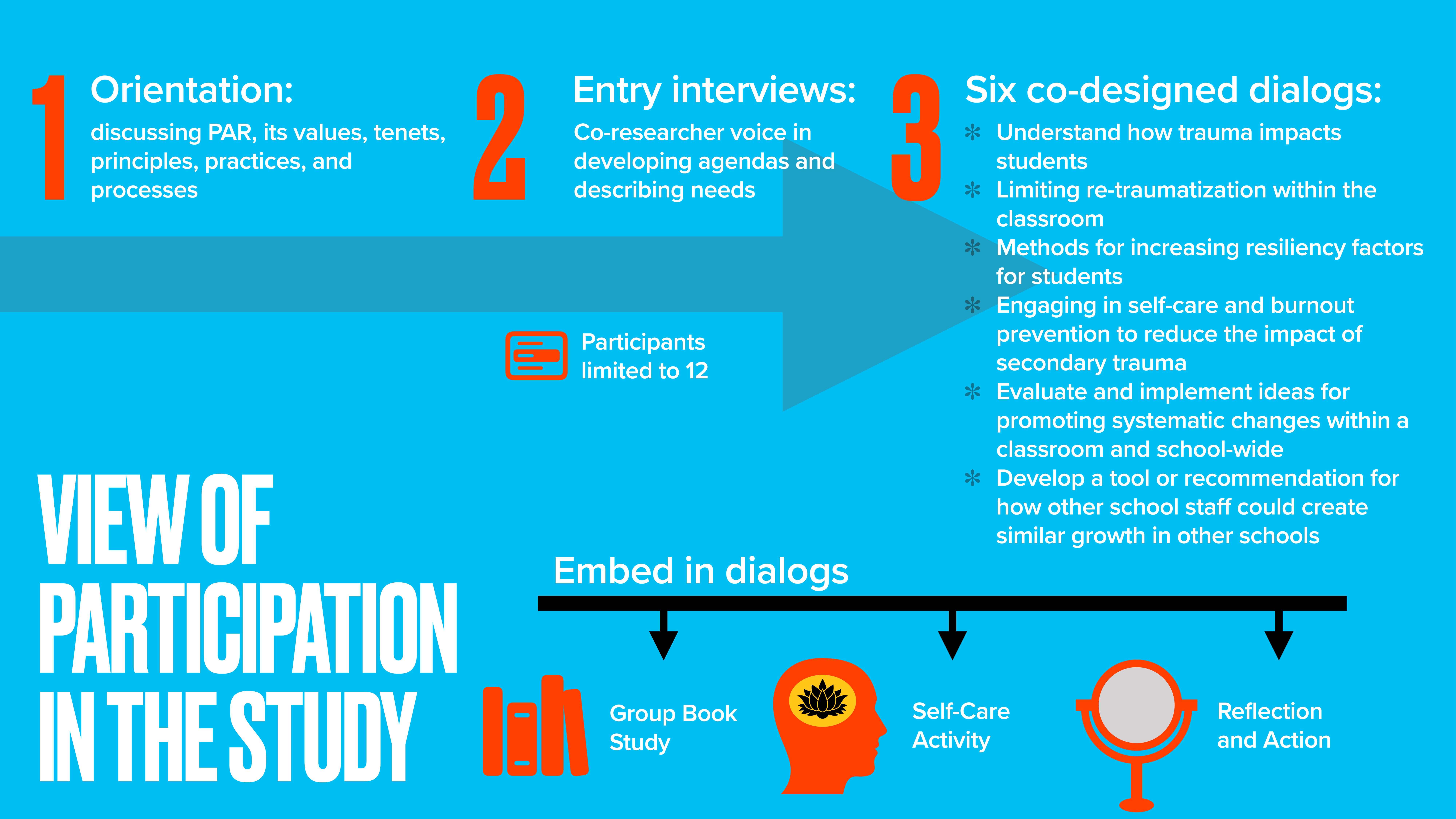 Infographic detailing participation in a study. Includes three steps: Orientation, Entry Interviews, Six Co-designed Dialogs. Embedded activities: Group Book Study, Self-Care Activity, Reflection and Action. Text: 'VIEW OF PARTICIPATION IN THE STUDY.'