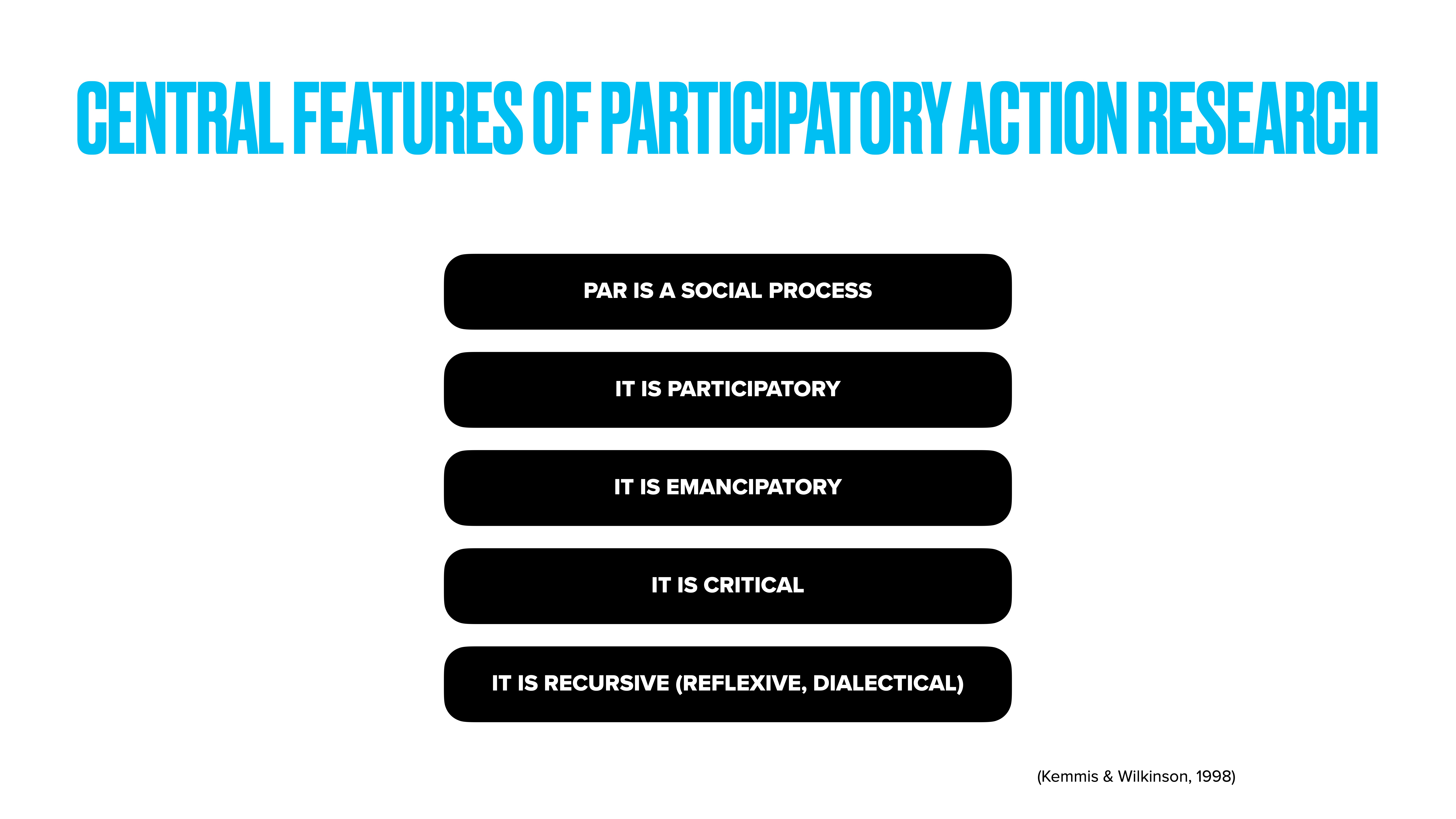 The slide presents key elements of Participatory Action Research (PAR): social process, participatory, emancipatory, critical, recursive (reflexive, dialectical), attributed to Kemmis & Wilkinson, 1998. Prominent blue title at the top.