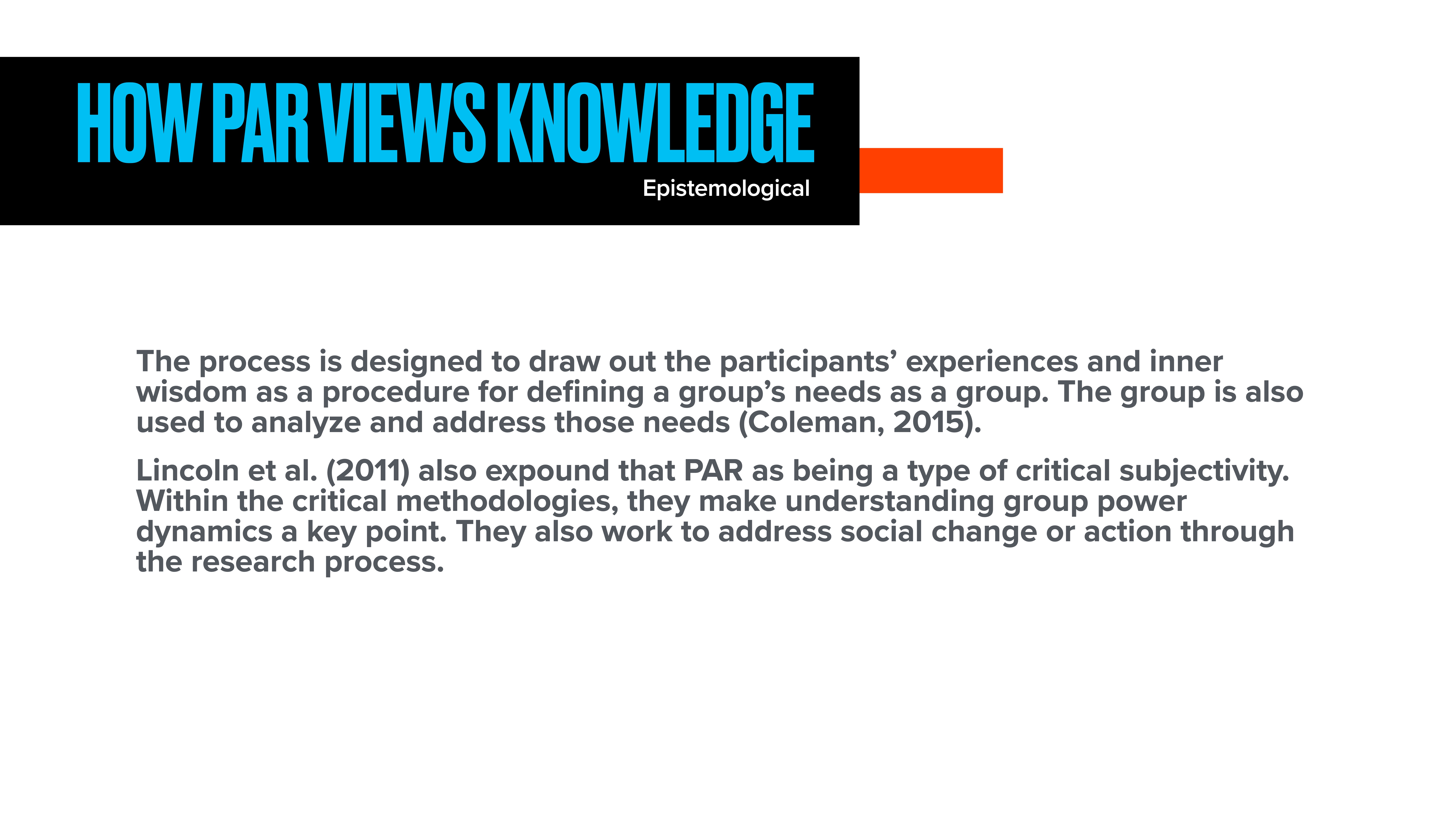 Title 'HOW PAR VIEWS KNOWLEDGE' sits above text explaining that PAR draws out participants' experiences to define group needs, emphasizing critical subjectivity and power dynamics. Cites Coleman (2015) and Lincoln et al. (2011).