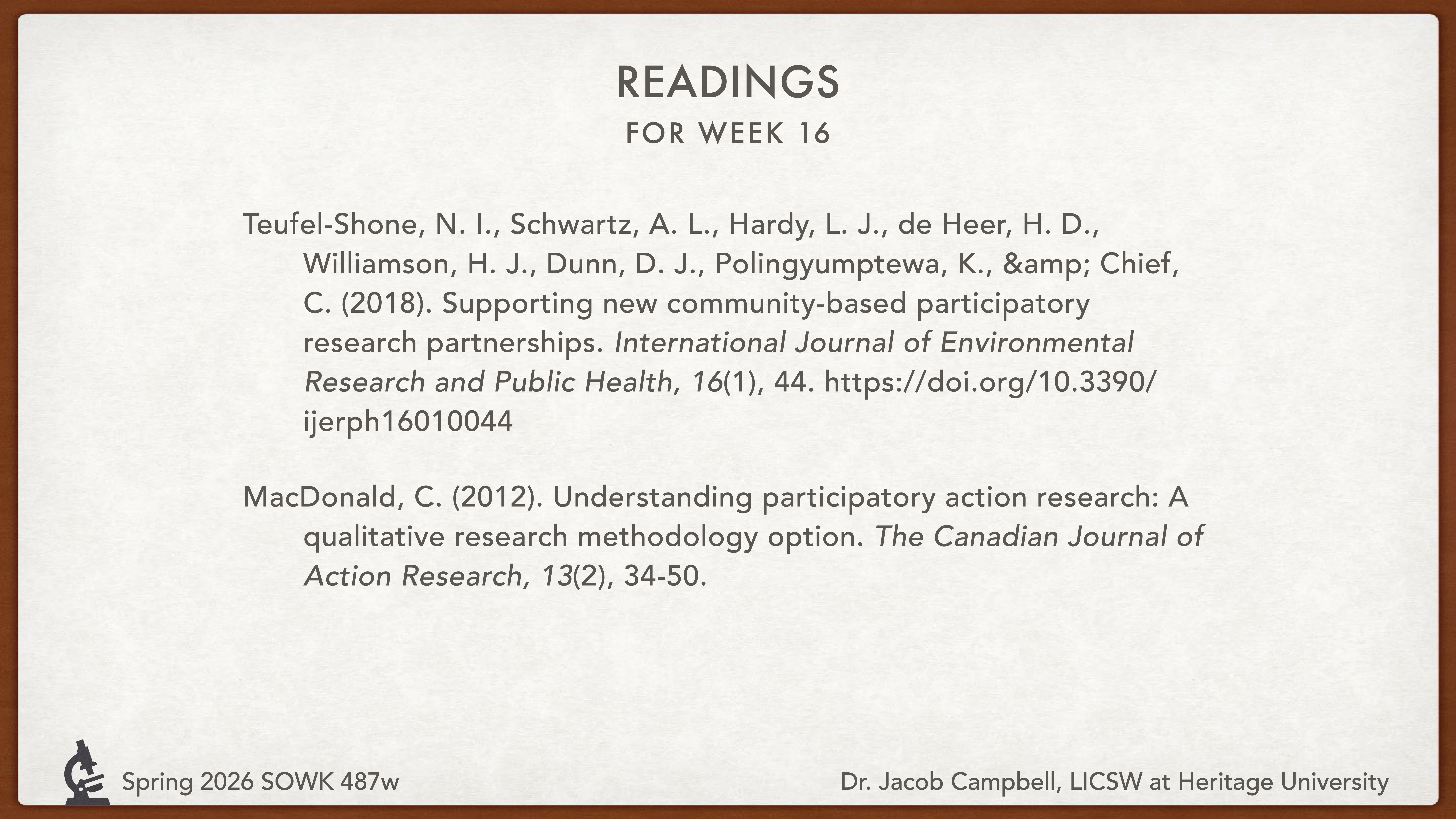 Title slide listing authors and articles for Week 16 readings. Includes publications by Teufel-Shone et al. (2018) on community-based research and MacDonald (2012) on participatory action research. Spring 2026 SOWK 487w, Dr. Jacob Campbell, Heritage University.