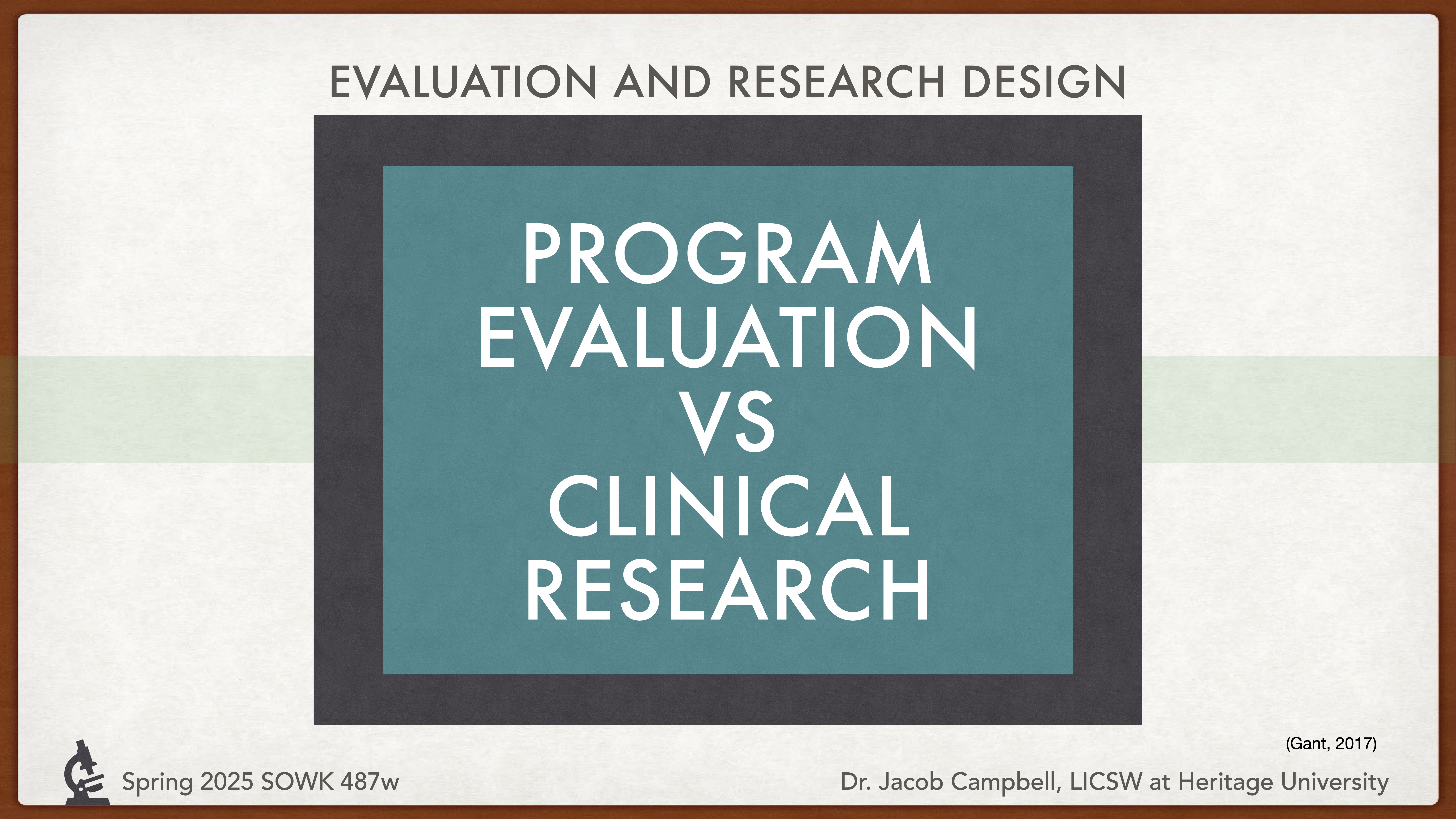A presentation slide with bold text reads 'PROGRAM EVALUATION VS CLINICAL RESEARCH' on a teal background. Additional text includes 'Spring 2025 SOWK 487w' and 'Dr. Jacob Campbell, LICSW at Heritage University.'