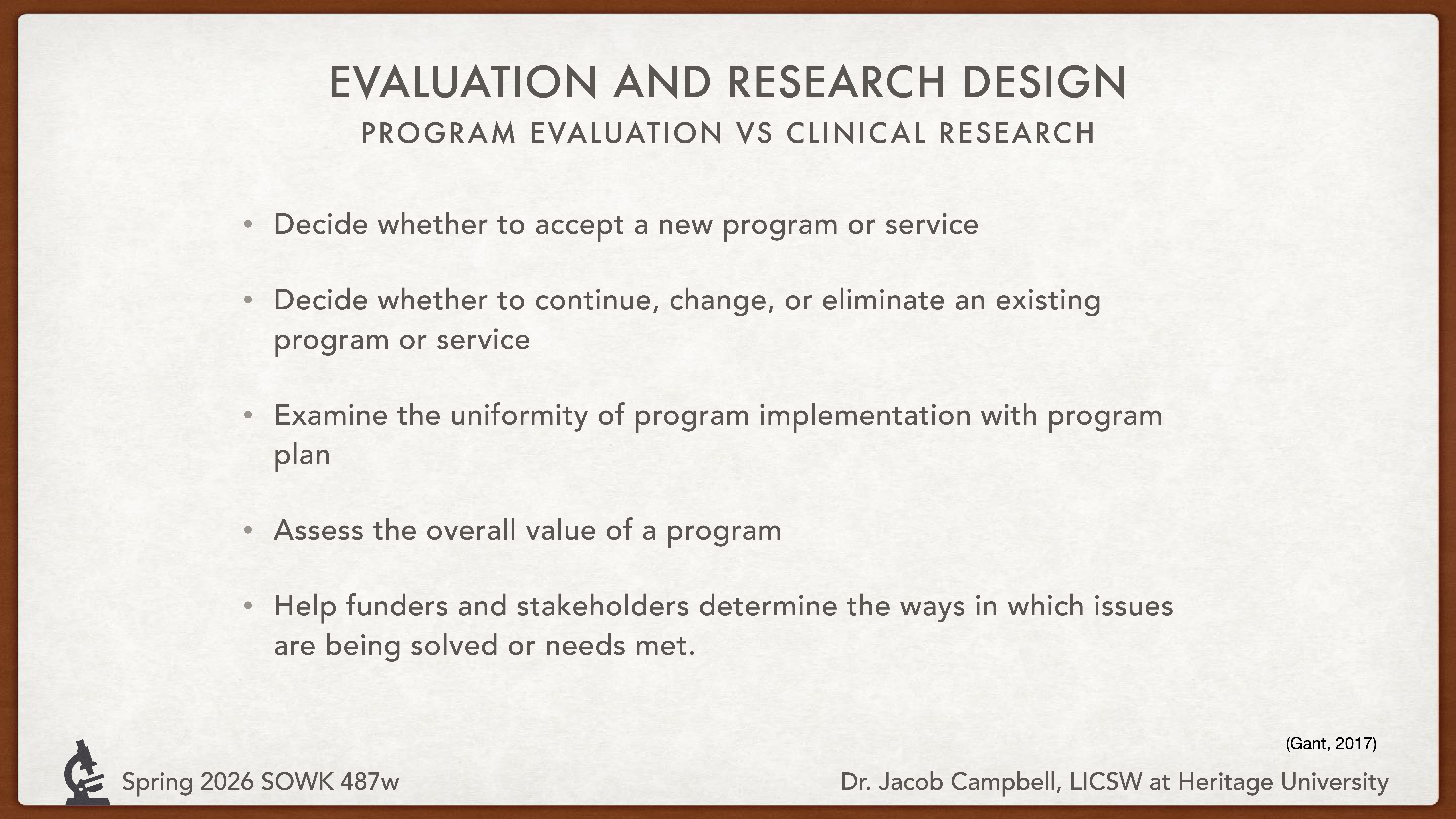 Slide titled 'Evaluation and Research Design: Program Evaluation vs Clinical Research.' Lists decisions and assessments about programs. Mentions Dr. Jacob Campbell, LICSW, at Heritage University, Spring 2026 SOWK 487w.